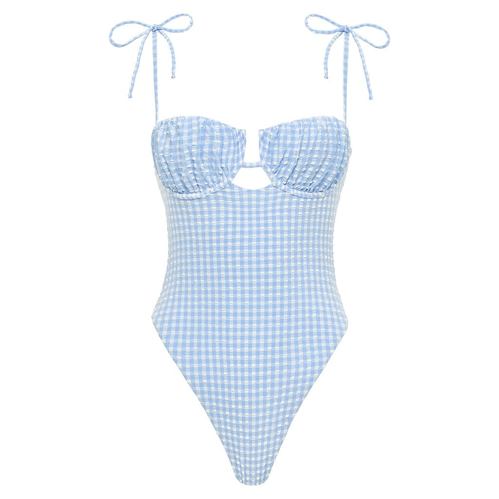 Women's Blue Peri Micro Gingham Petal One-Piece | Medium | Montce Swim