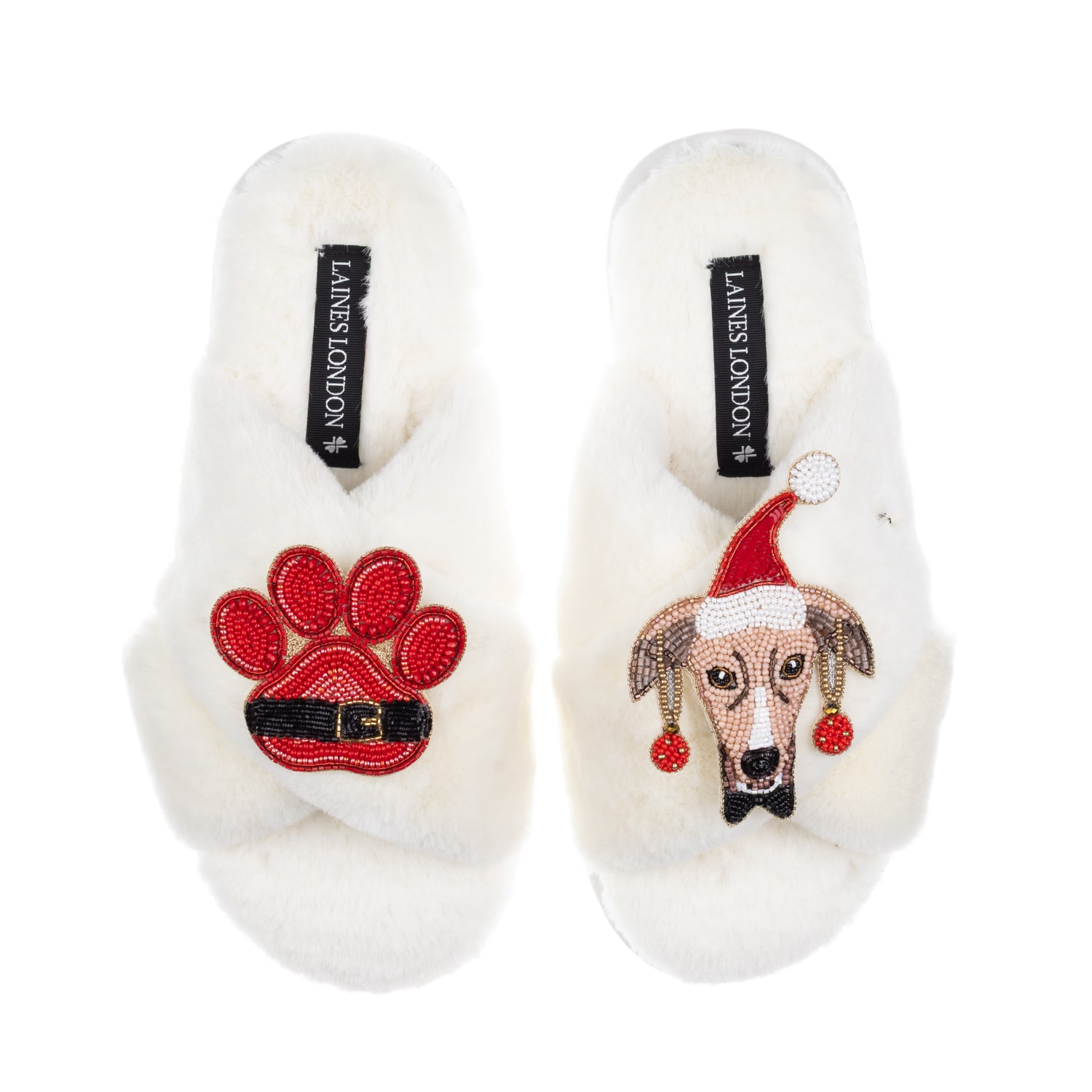 Laines London Women's Neutrals / White Classic Slippers With Christmas Greyhound & Paw Brooches - Cream In White