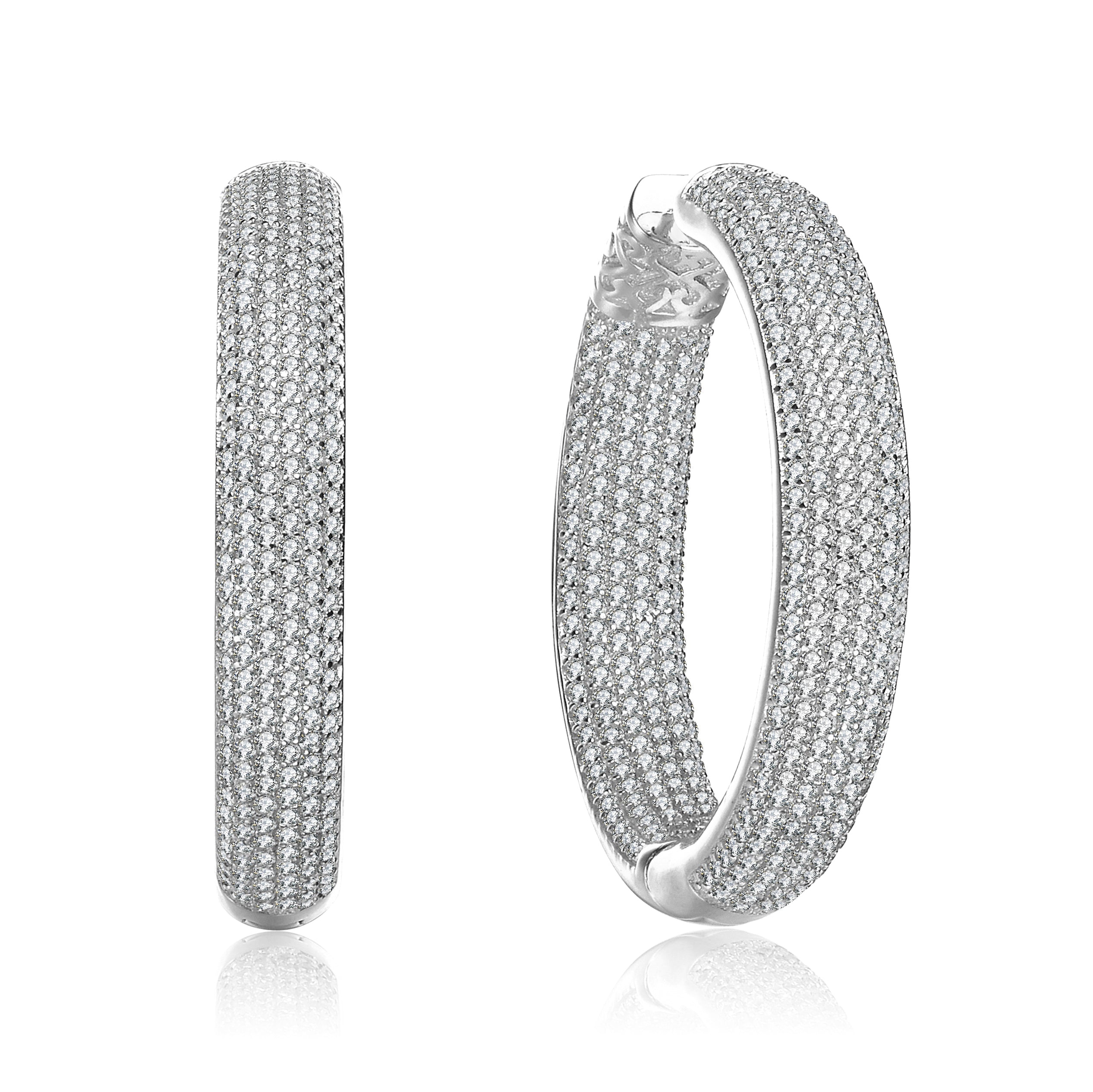 Women’s White / Silver Cubic Zirconia Row French Pave Inside Out Large Tubular Hoop Earrings Genevive Jewelry