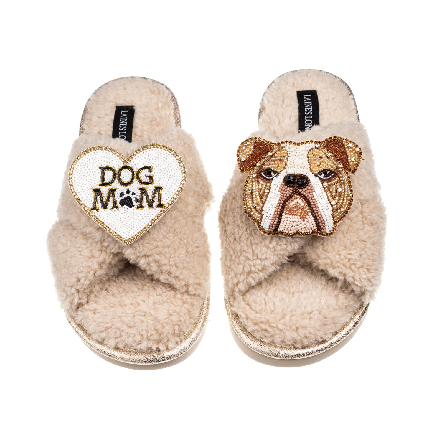 Laines London Women's Brown / Neutrals Laines Neutral Boucle Slippers With Mr Beefy Bulldog & Dog Mum / Mom Brooch