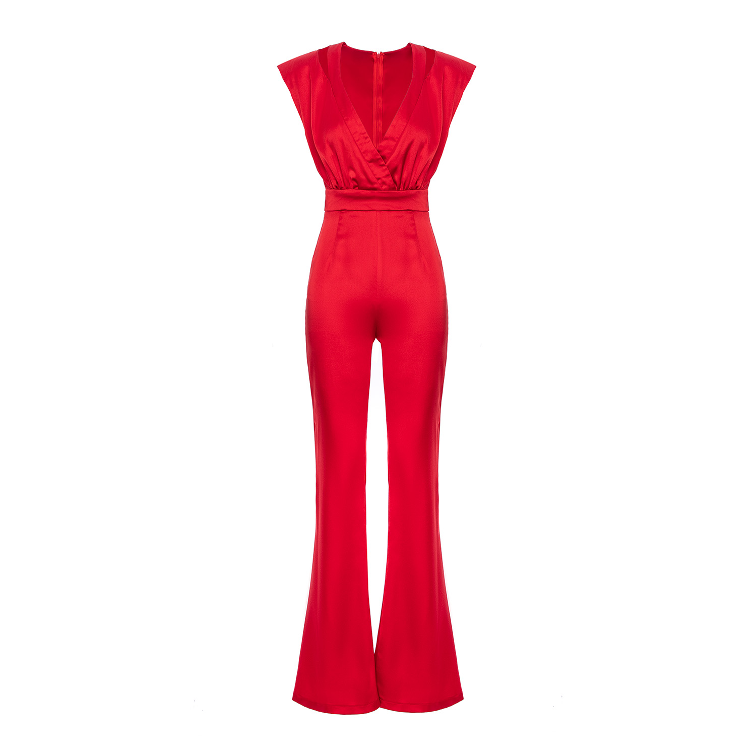 Bluzat Women's Red Wrap Front Wide Leg Jumpsuit With Cap Sleeves In Red