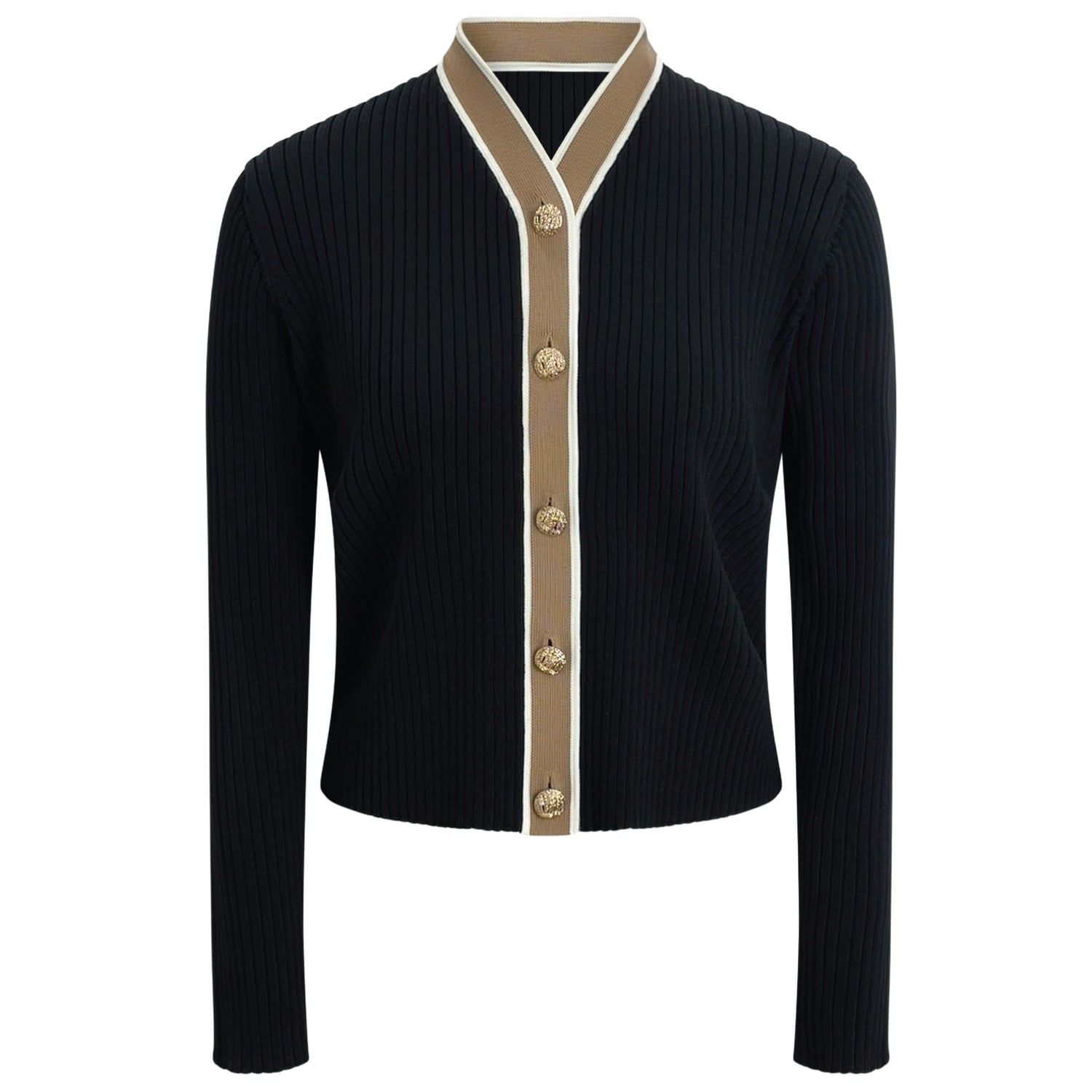 Roch Perel Women's Black / Neutrals / Gold Contrast Back Ribbed Knit Cardigan In Multi