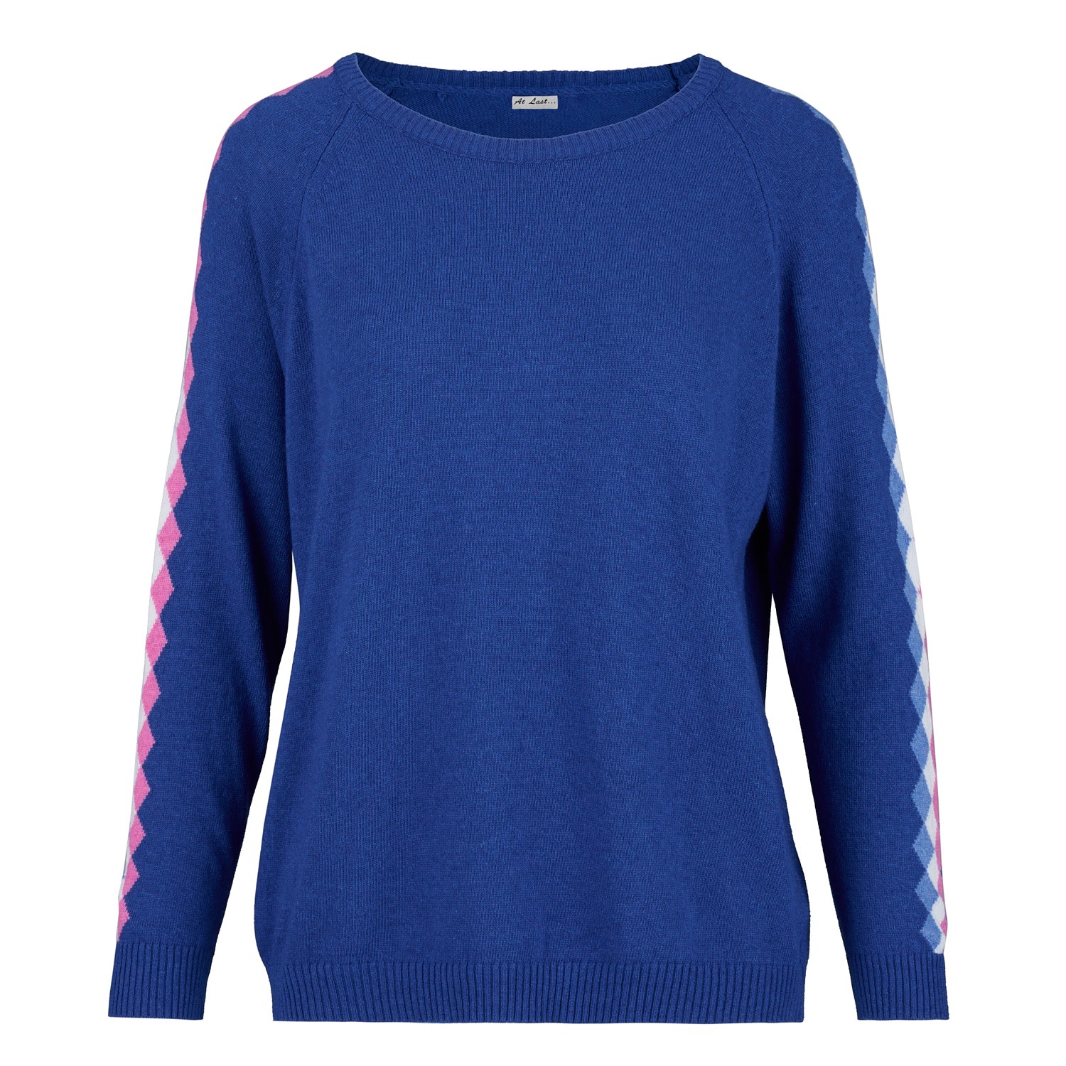Women’s Cashmere Mix Sweater In Royal Blue With Multi Diamond Arm Stripe One Size At Last...