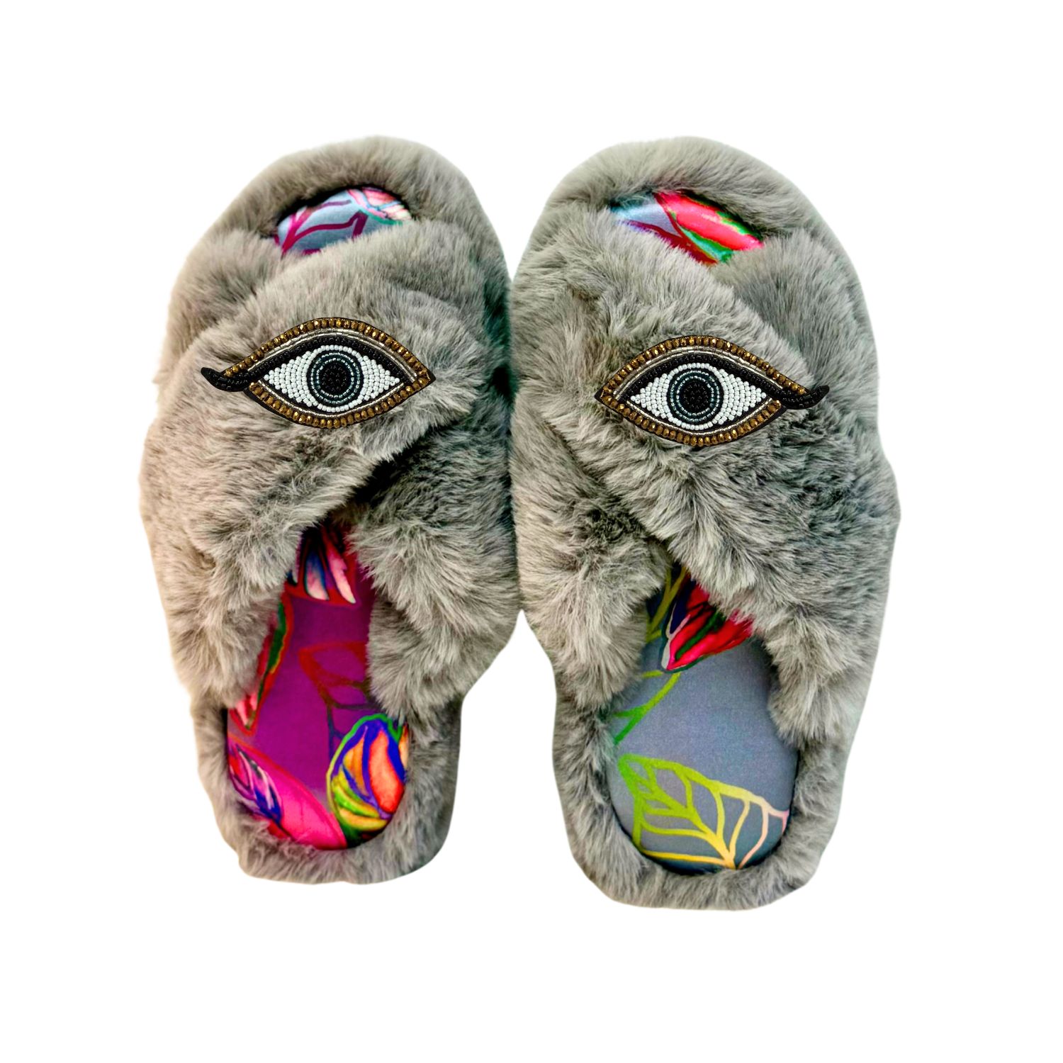 Yomisma Women's Grey Eco Faux Fur Slippers – Tropical Insole + Beaded Evil Eye Brooch In Gray