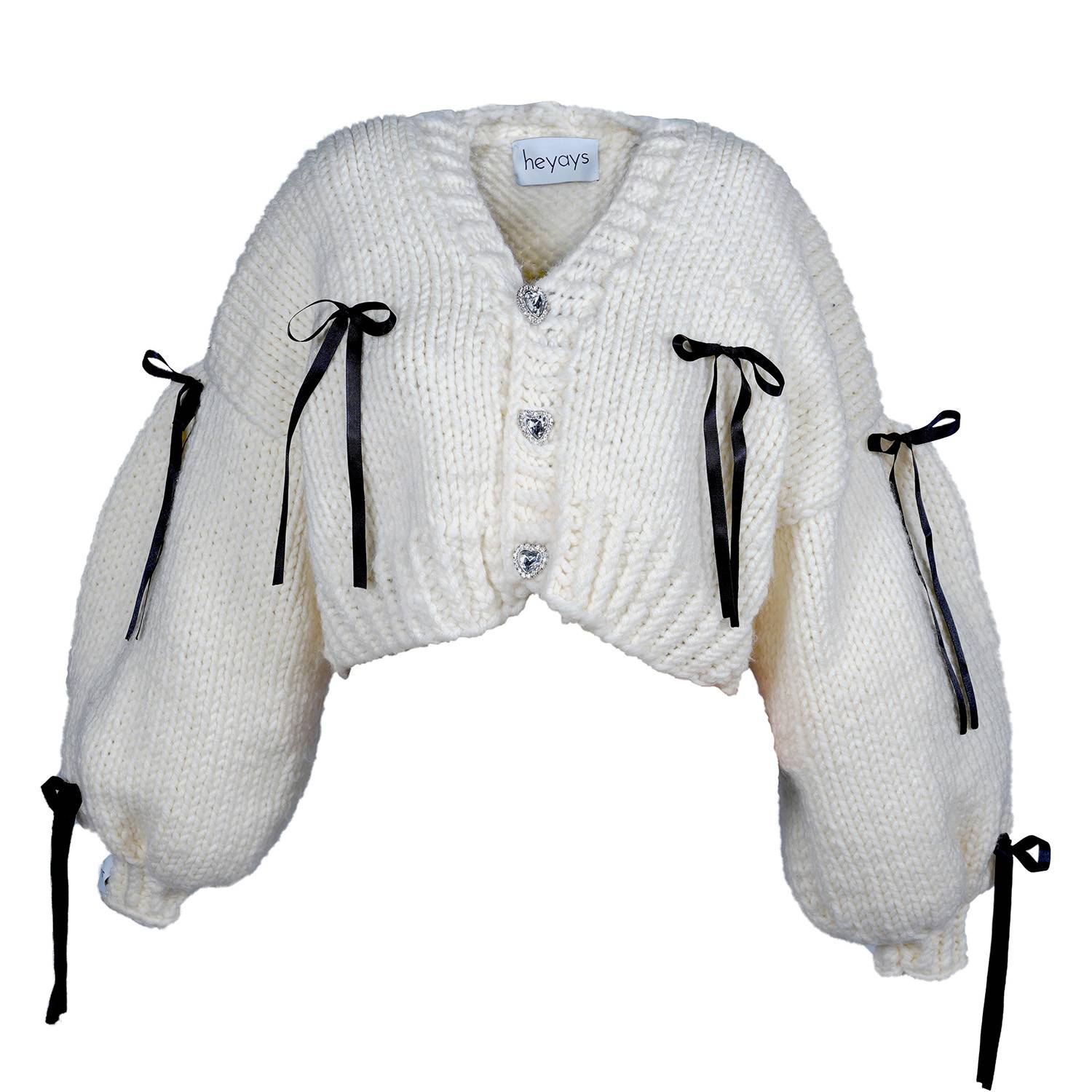 Heyays Women's White Black Bow Hand-knitted Cardigan In White