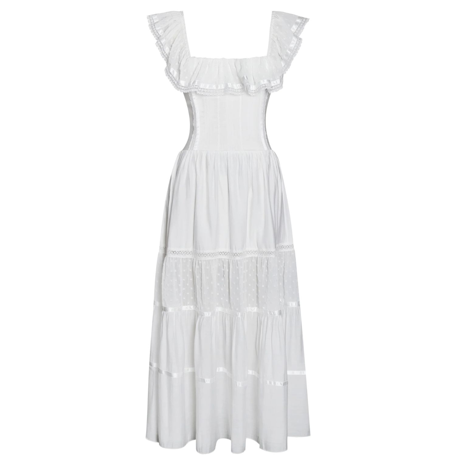 Miss Circle New York Women's White Eden Square Neck Ruffle Trim High Wais Midi Dress