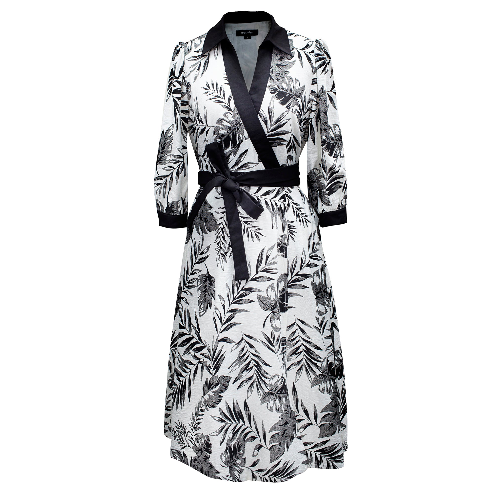 Women’s Black Bi-Material Wrap Dress With Tropical Print Small Smart and Joy