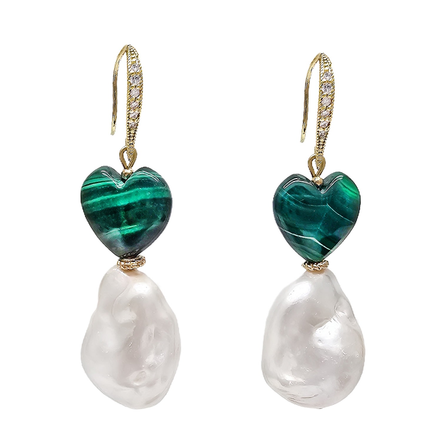 Farra Women's White Natural Baroque Pearls With Heart Malachite Earrings