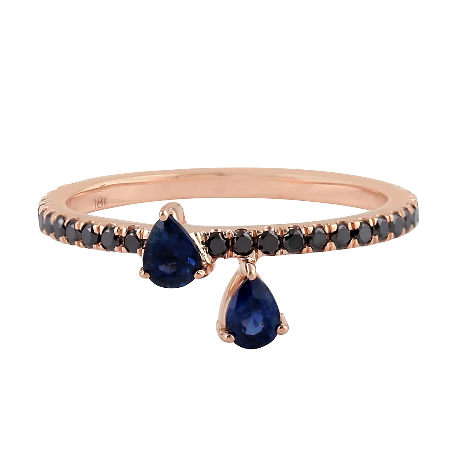 Artisan Women's Black / Blue / Rose Gold Pear Cut Blue Sapphire & Pave Black Diamond Band Ring In Rose Gold