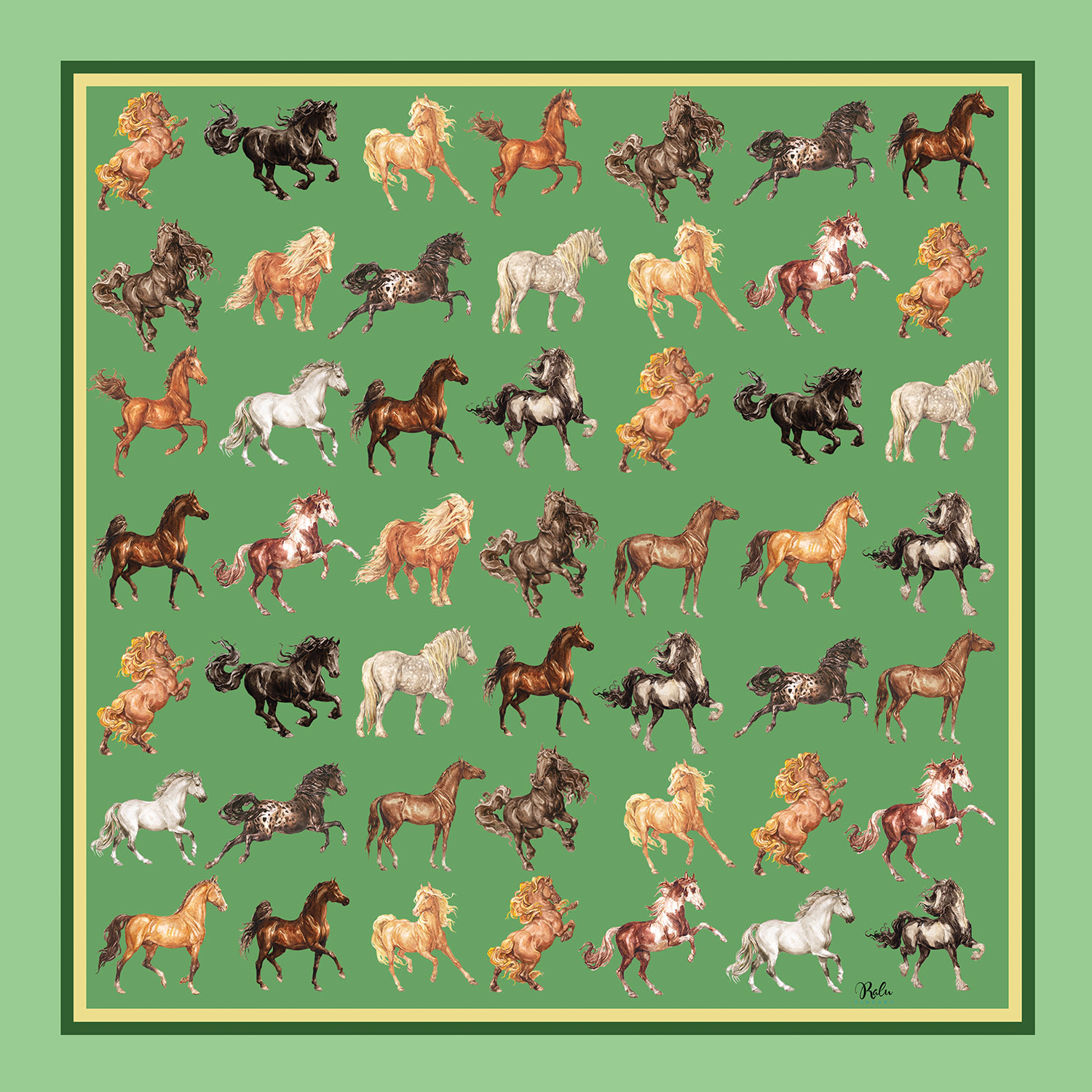 Women’s Silk Neckerchief Majestic Horses Green Ralufineart