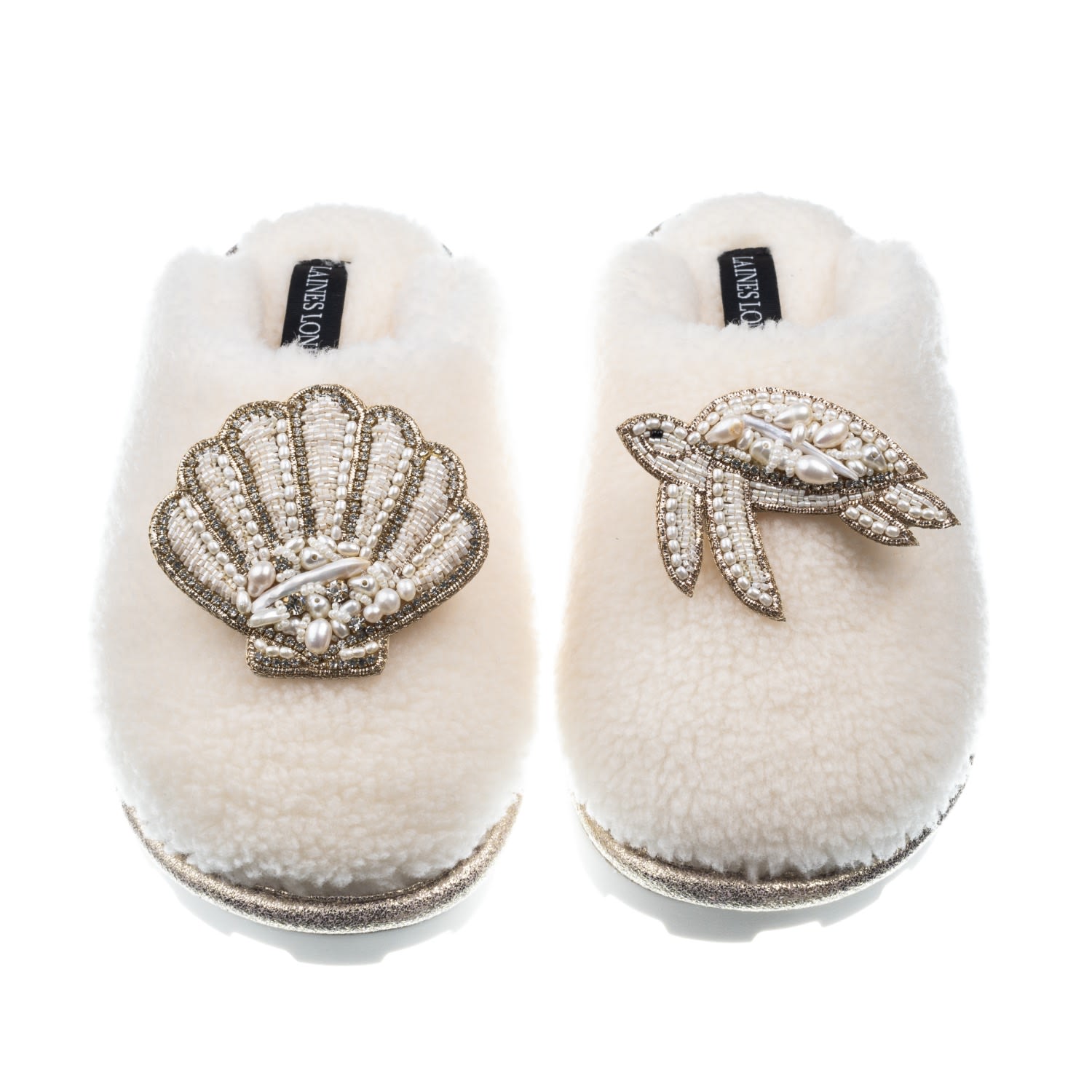 Laines London Women's White Teddy Closed Toe Slippers With Pearl Beaded Turtle & Shell Brooches - Cream
