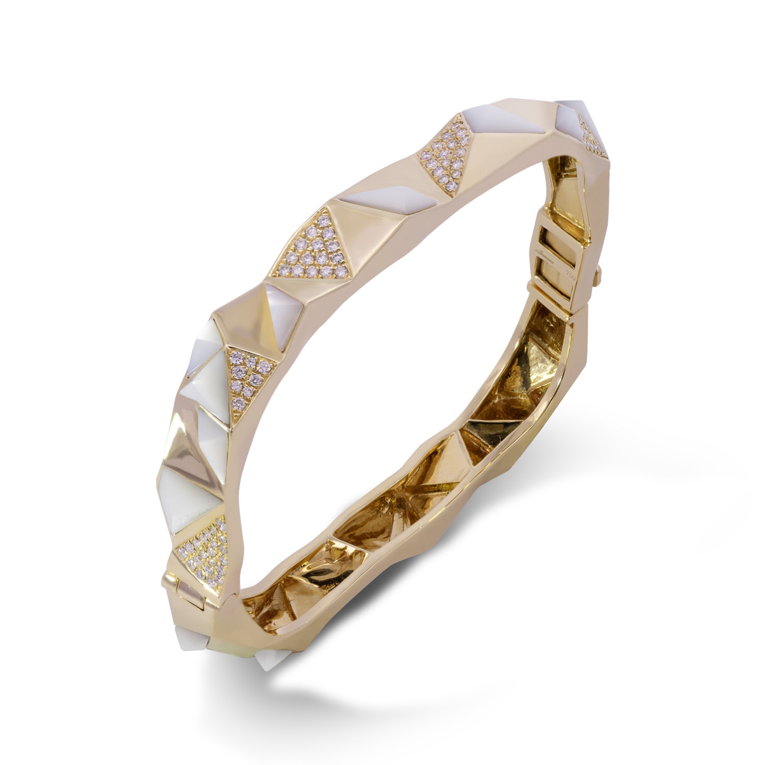 Women’s Rose Gold / White Edgy Bangle In Solid Yellow Gold, Diamonds, And White Mother-Of-Pearl Simone Jewels