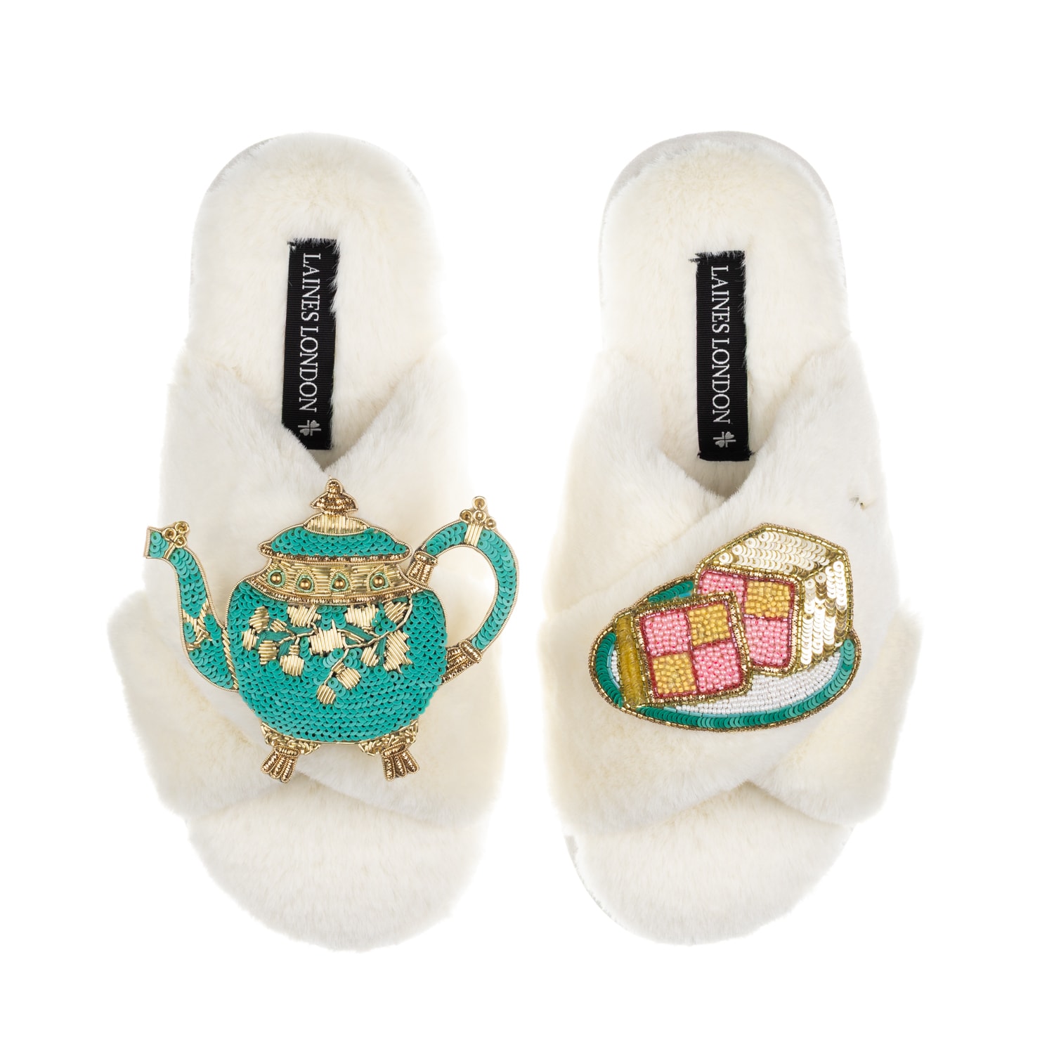Laines London Women's Neutrals / White Laines X Juliet Slippers With Tea & Battenberg Cake Brooches - Cream In White