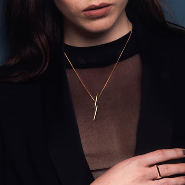 EDGE ONLY SKINNY LIGHTNING BOLT PENDANT IN 14 CARAT GOLD | A SOLID GOLD FLASH NECKLACE | ROCK AND ROLL