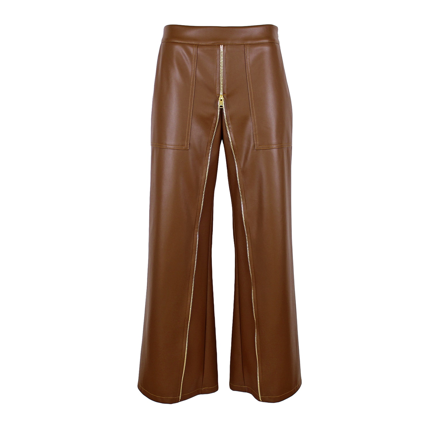Lalipop Design Women's Brown Wide-leg Vegan Leather Pants With Front Zipper Detail