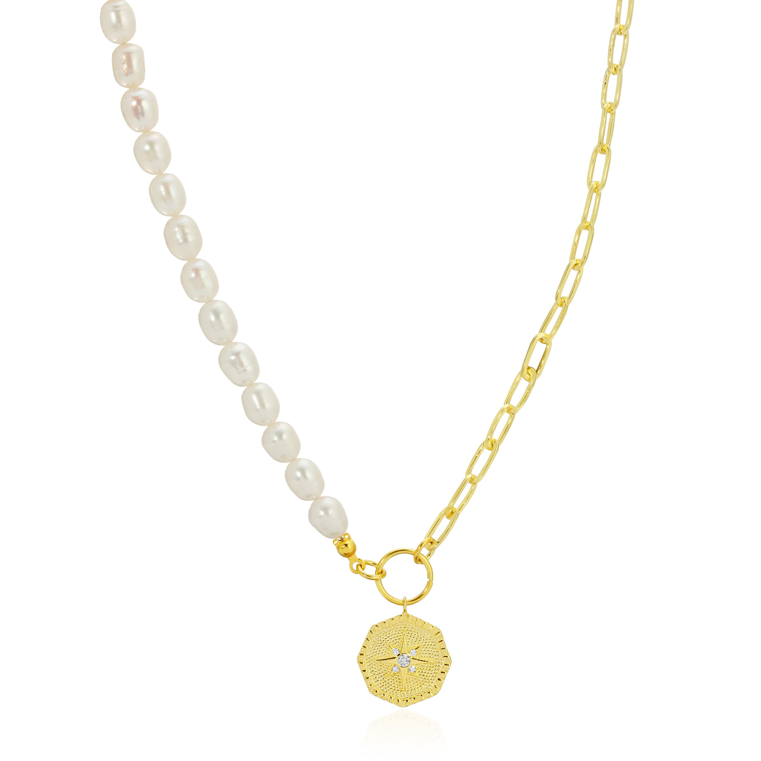 Women’s Gold Pearl Link Coin Necklace Essentials Jewels