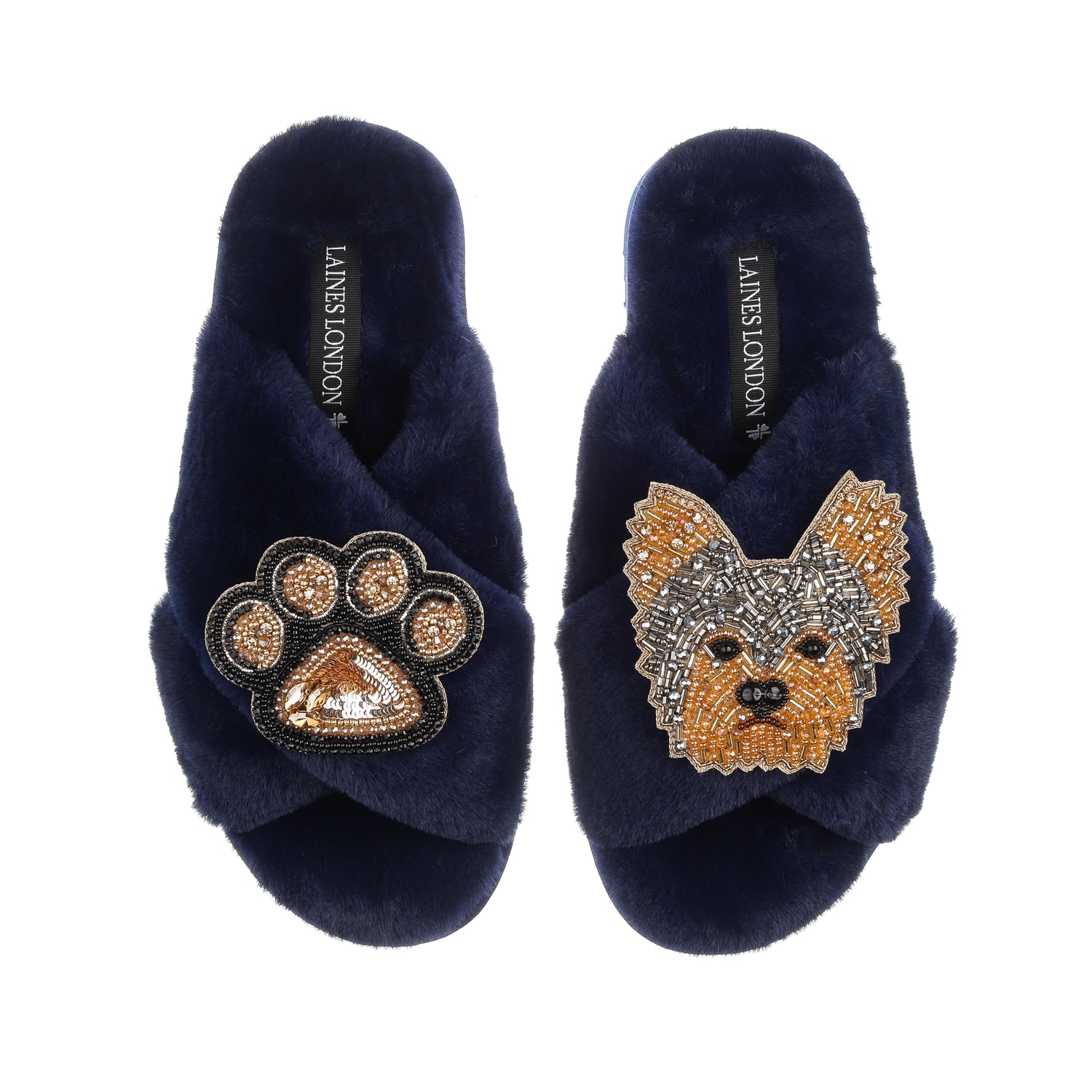 Laines London Women's Blue Classic Laines Slippers With Minnie Yorkie & Paw Brooches - Navy In Blue
