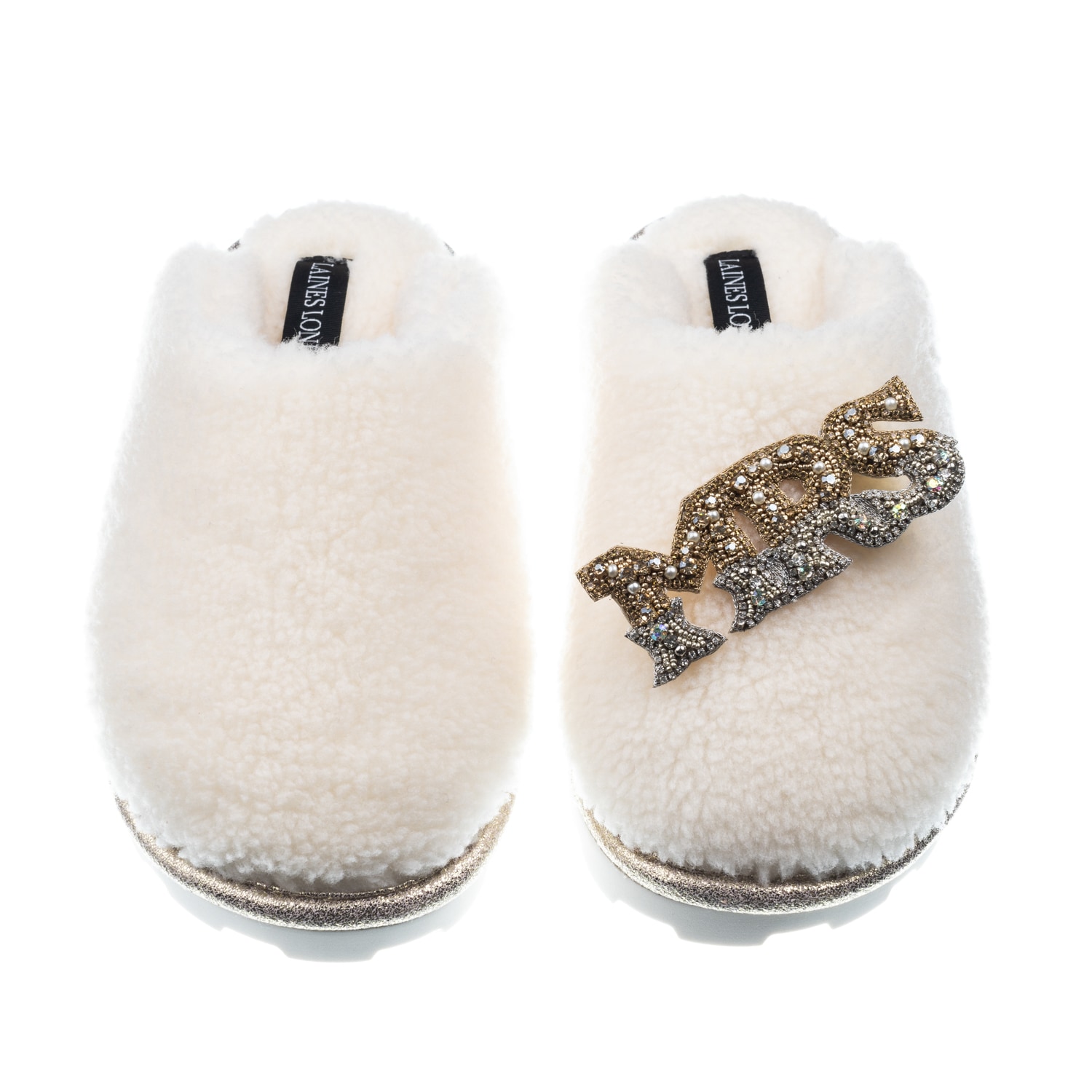 Laines London Women's White Teddy Closed Toe Slippers With Mrs Brooch - Cream