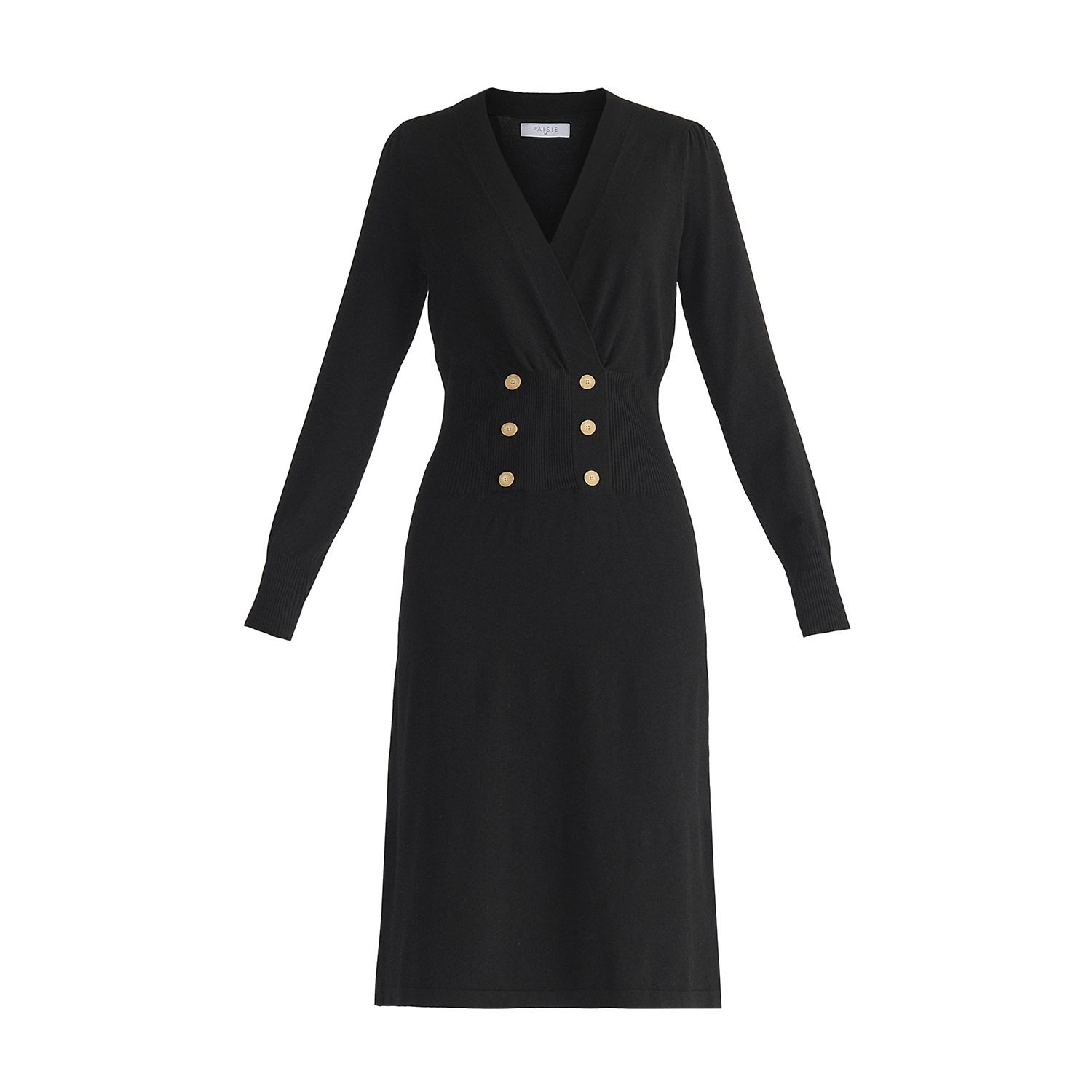 Paisie Women's Long Sleeve Knitted Button Wrap Dress In Black In Black