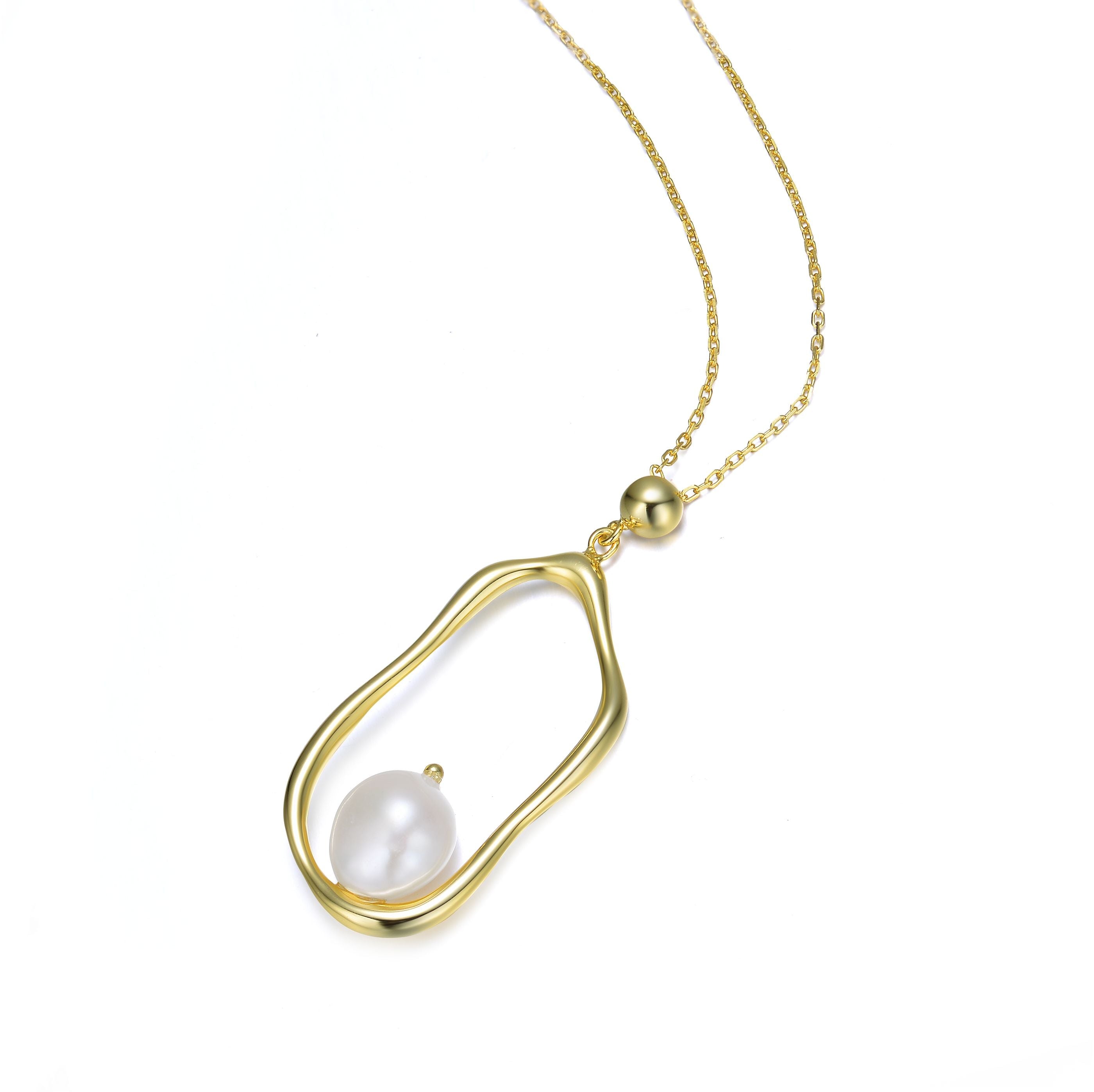Genevive Jewelry Women's Sterling Silver Gold Plating With Genuine Freshwater Pearl Halo Pendant Necklace In Gold