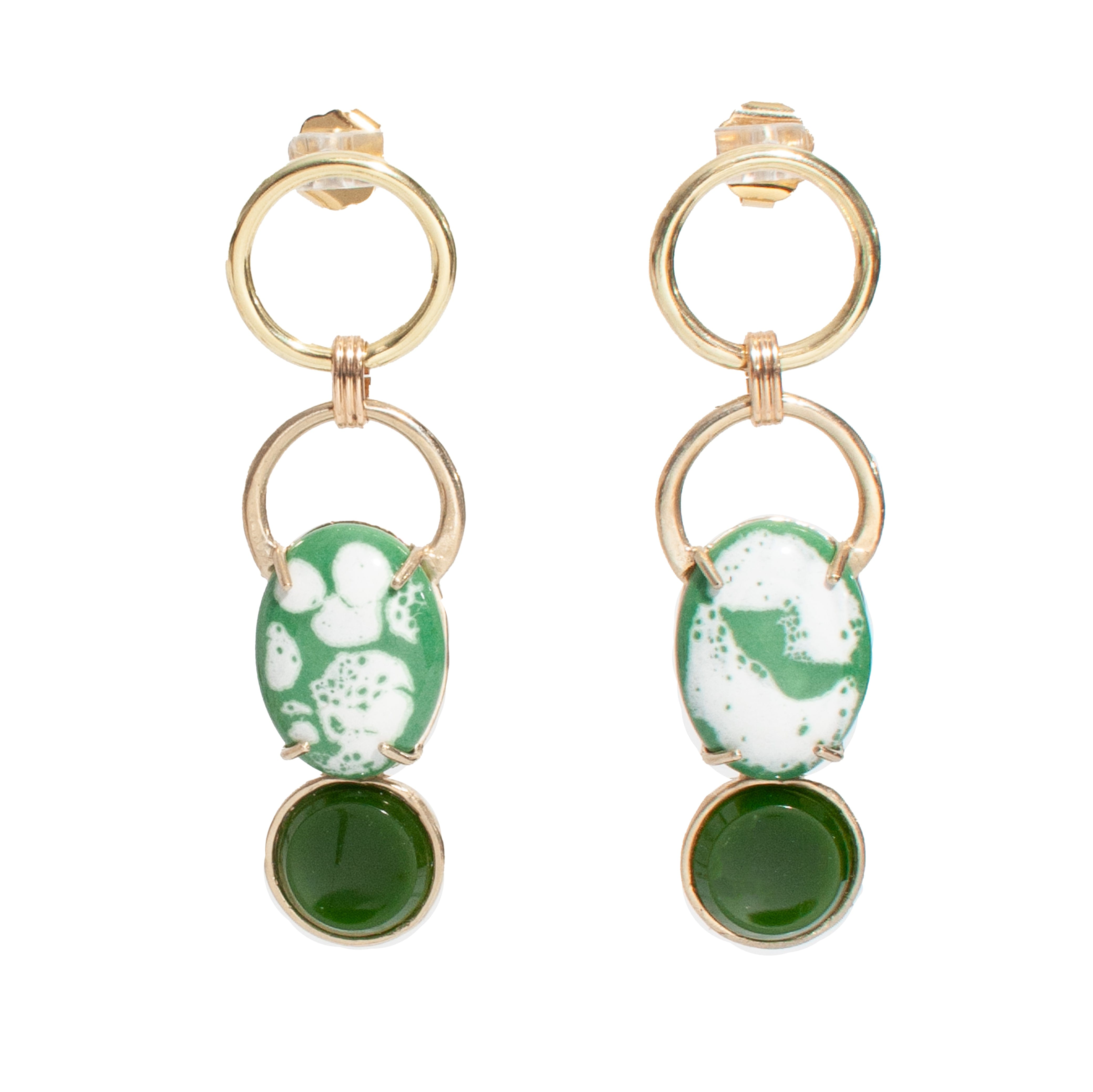 Castlecliff Women's Gold / Green Cairn Earrings – Recycled Brass Statement Earrings With Vintage Seafoam Green G