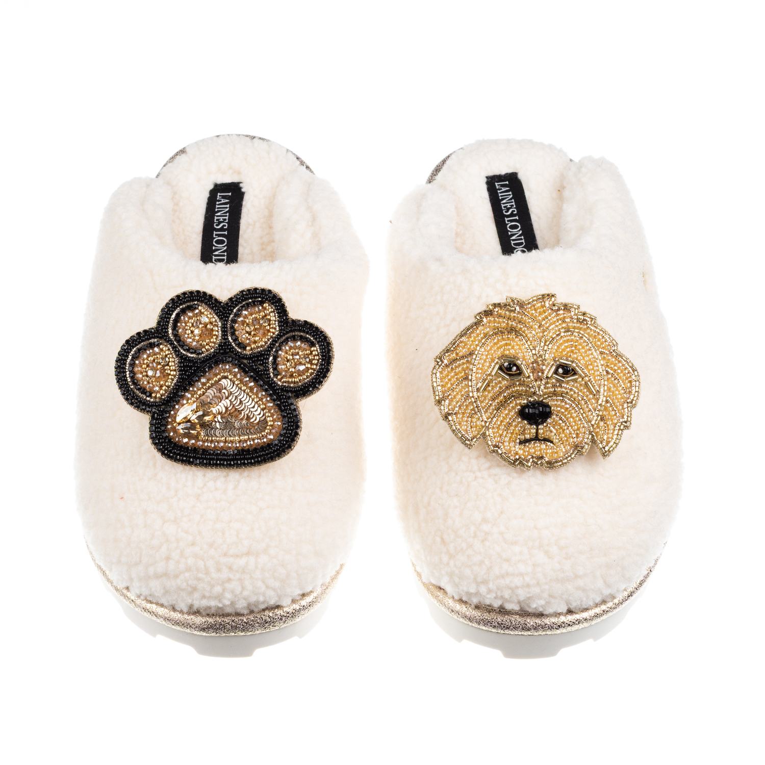 Laines London Women's Neutrals / White Teddy Closed Toe Slippers With Paw & Golden Cockapoo Brooches - Cream In White