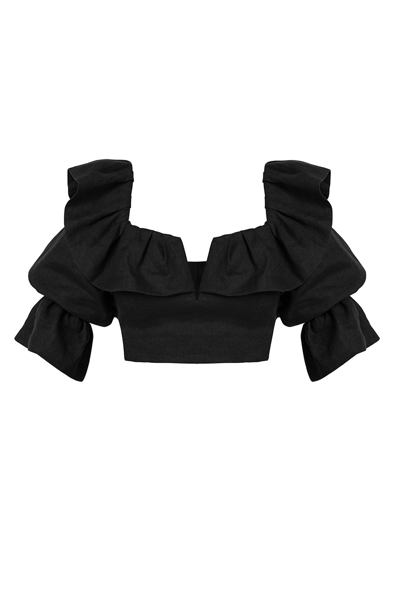 Women’s Linen Off Shoulder Frill Crop Top In Black Extra Small Clich Reborn