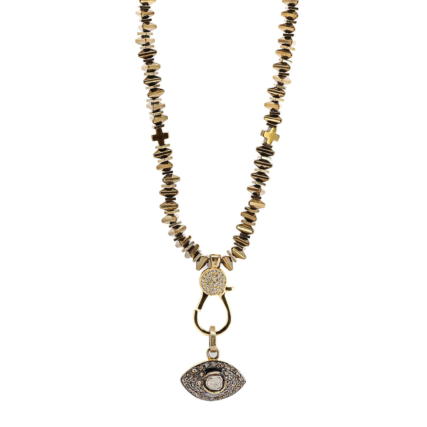 Women’s Silver / Gold Pave Diamond Evil Eye Pendant Gold Hematite Stone Unique Beaded Necklace - Gold Ebru Jewelry