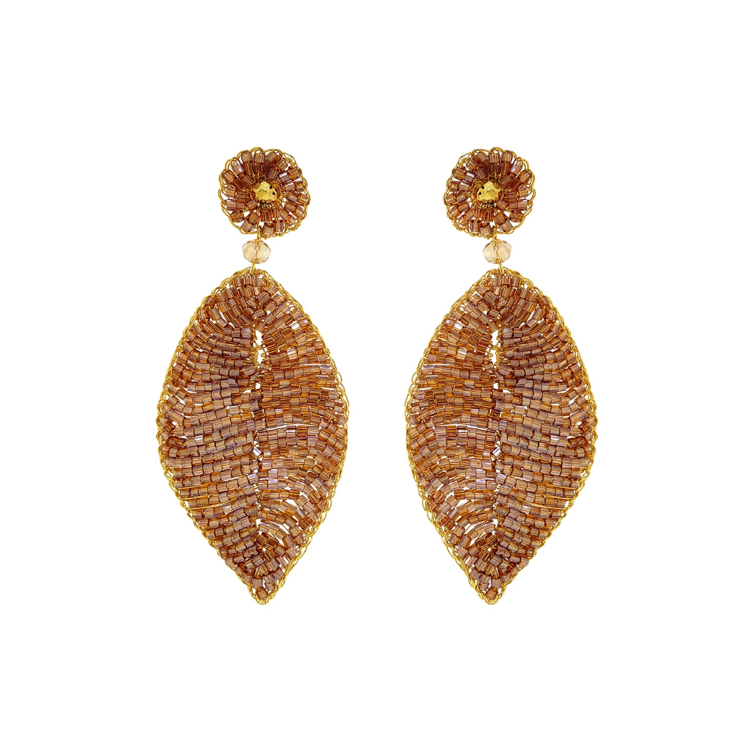 Women’s Neutrals / Gold / Brown Amber & Gold Leaf Handmade Crochet Earrings Lavish by Tricia Milaneze