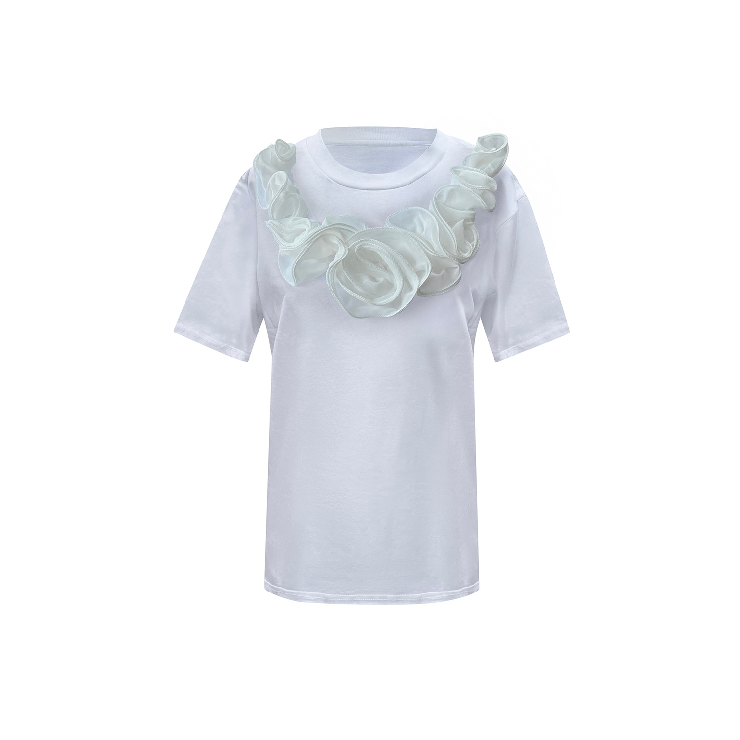 Toma Women's Flower Summer White Cotton T-shirt With White Central Flowers