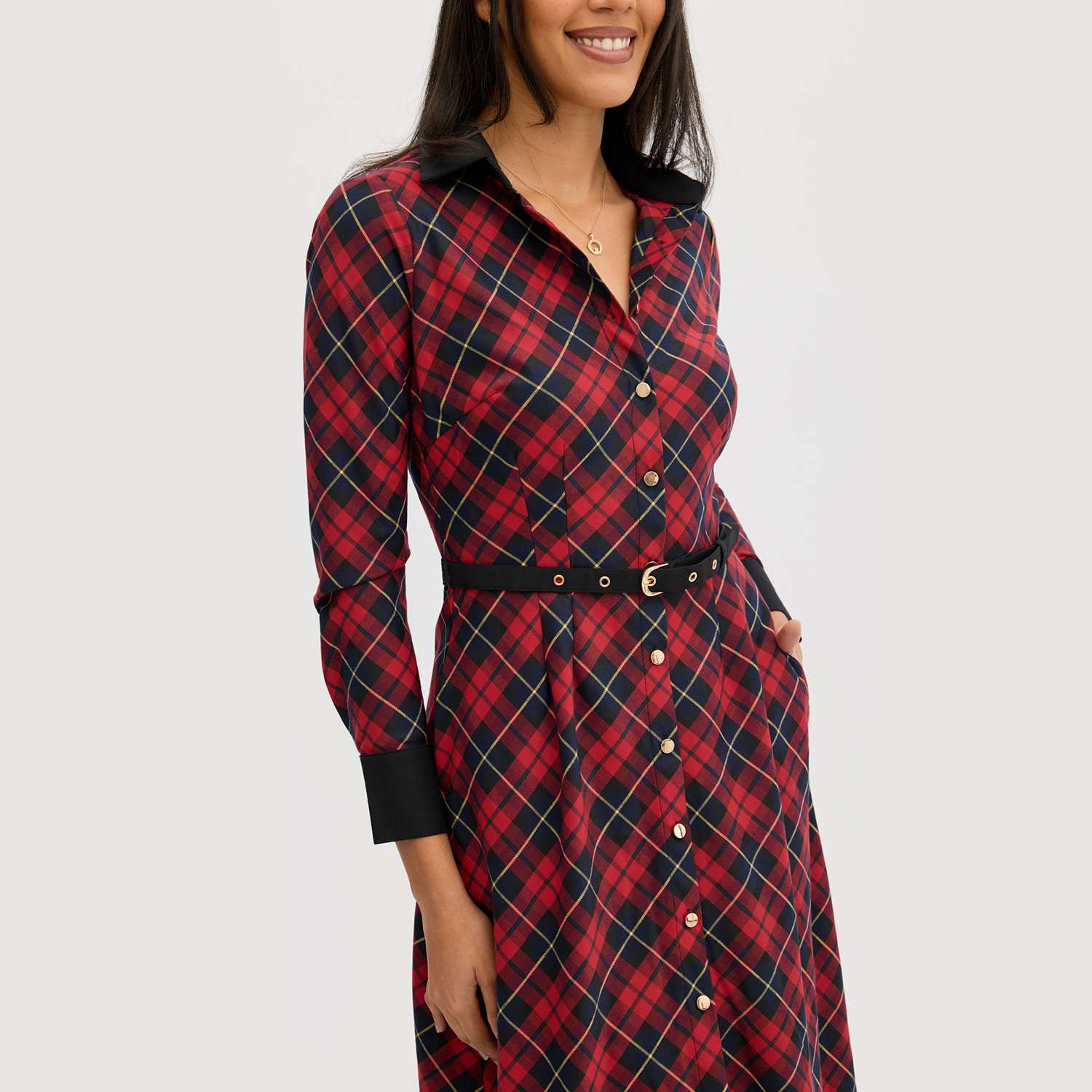 chinese dress ladies Allegra K Flannel Dress for Women's V Neck 3/4 Sleeves Belted A-Line Plaid  Dresses X-Small Green at Amazon Women's Clothing store main image 0