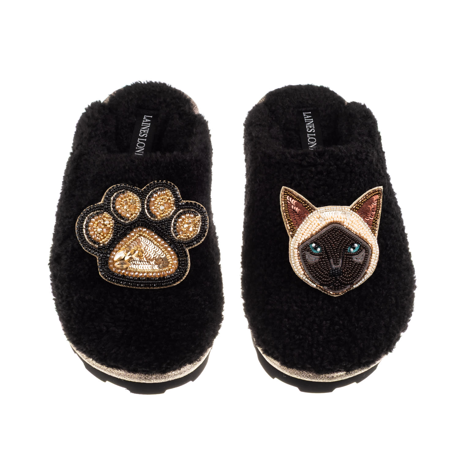 Laines London Women's Teddy Closed Toe Slippers With Paw & Siamese Cat Brooches - Black In Black