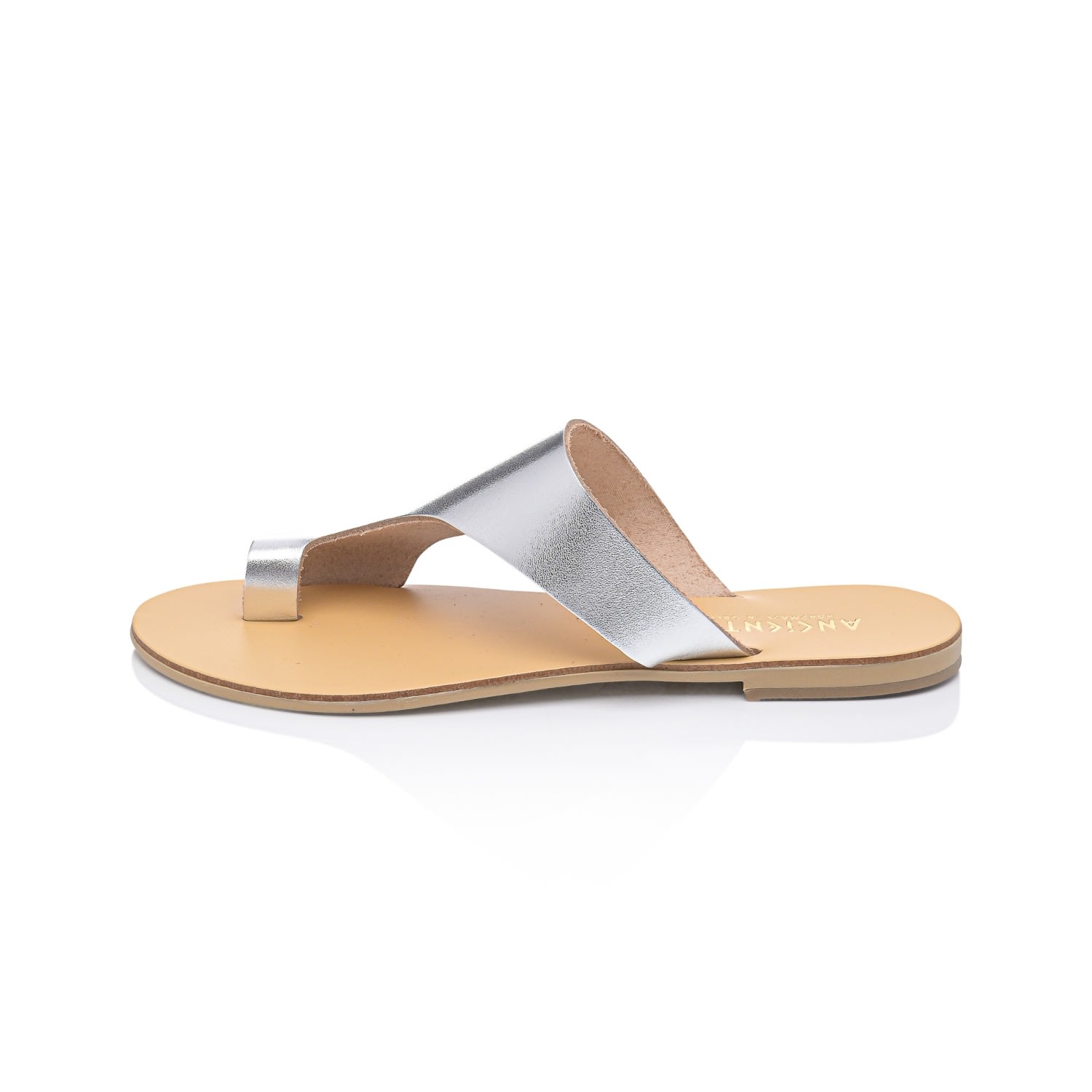 Ancientoo Celaeno Silver Leather Contemporary Fashion Flip Flops With Toe Ring – Women's Leather Slide Sandal In Metallic