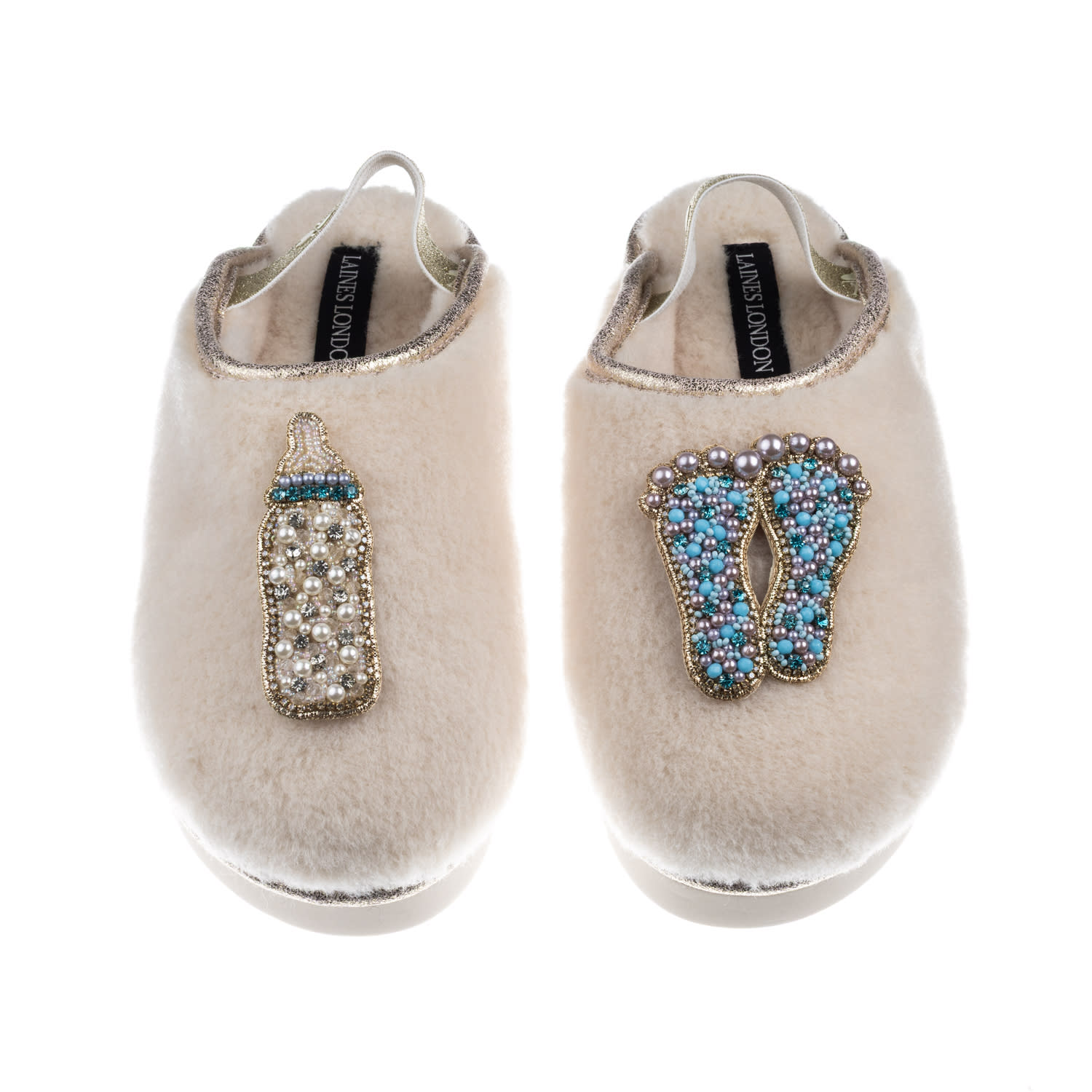 Laines London Women's Gold / Neutrals / White Flatform Cloud Slippers With New Baby Boy Brooches - Cream