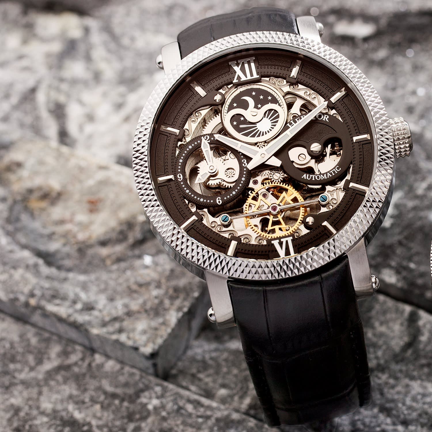 Leather Band Uhr Heritor Aries Leather-Band Skeleton Watch With