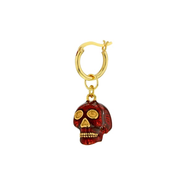 True Rocks Red Enamel & 18 Carat Gold Plated Skull Earring On Gold Hoop