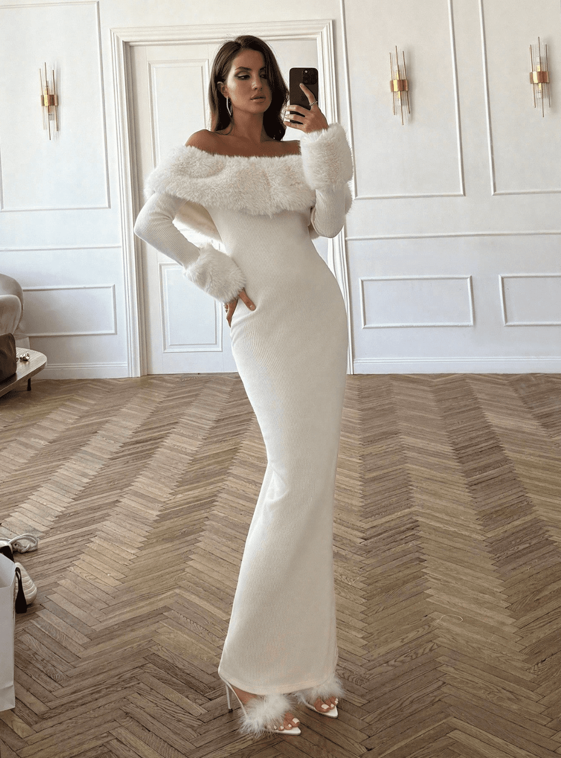 Norah White Faux Fur Maxi Dress | Shop Date Boutique | Wolf & Badger