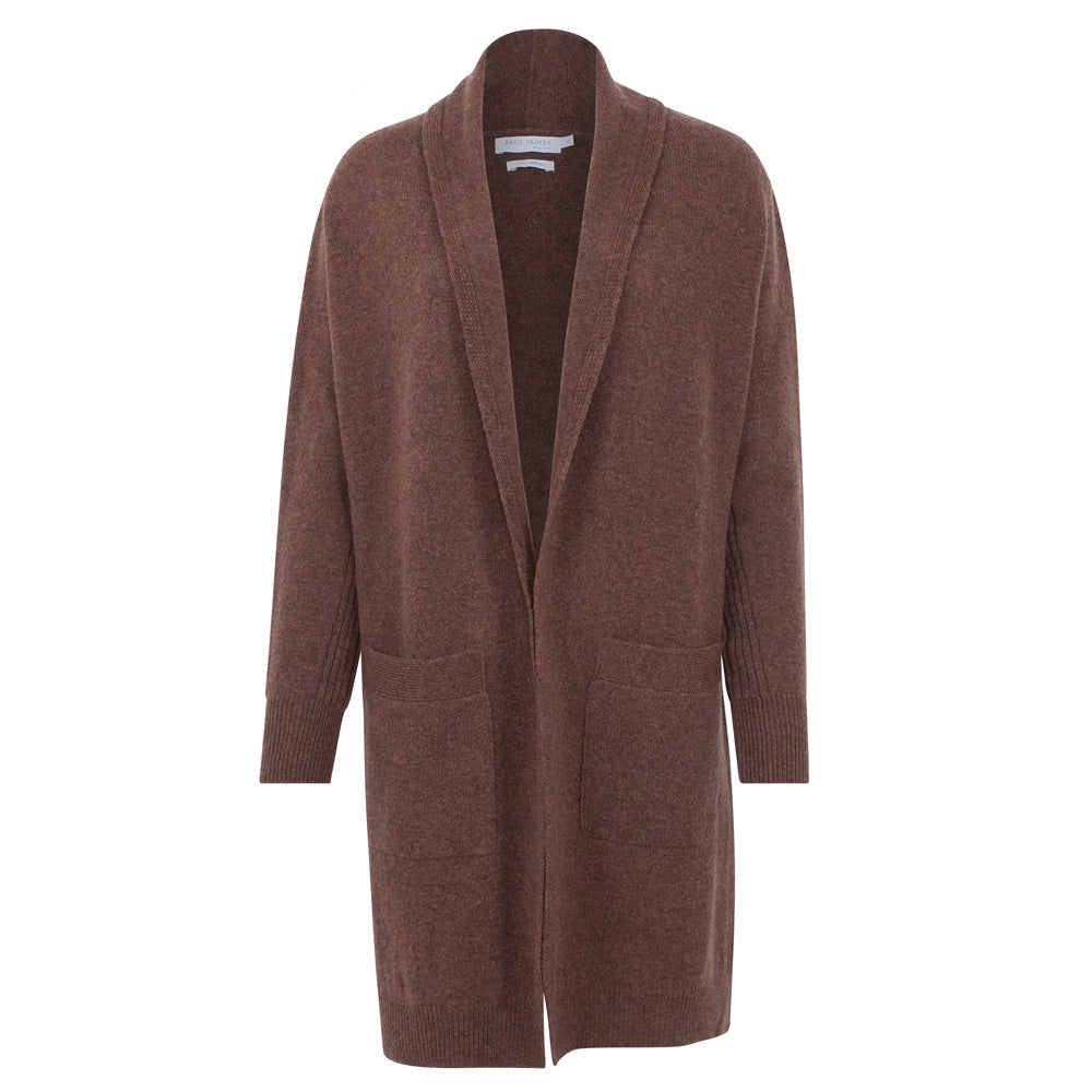 Paul James Knitwear Brown Womens Pure Lambswool Long Line Liberty Cardigan With Pockets - Tobacco In Brown
