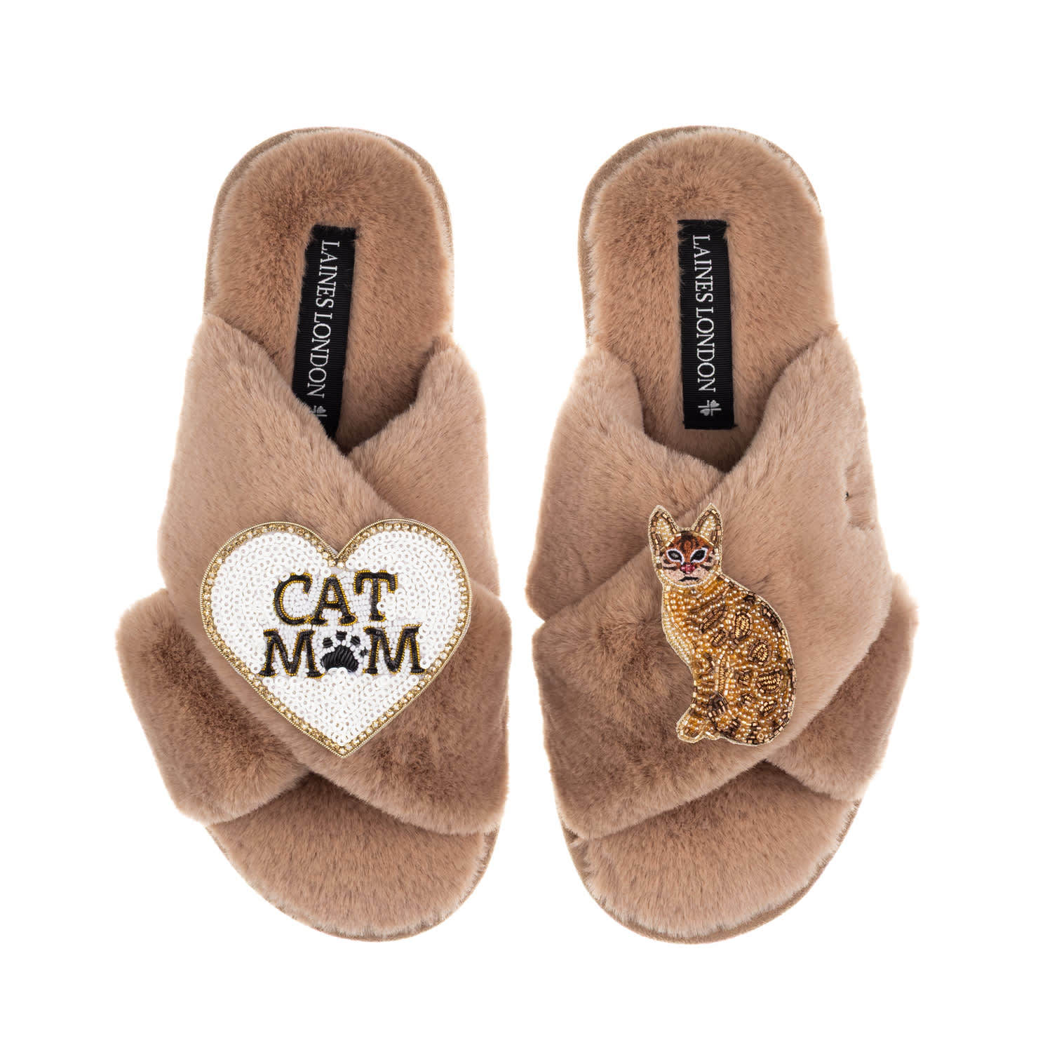 Laines London Women's Brown / Neutrals Classic Laines Slippers With Cat Mum/mom & Sitting Ginger Cat Brooches - To In Brown