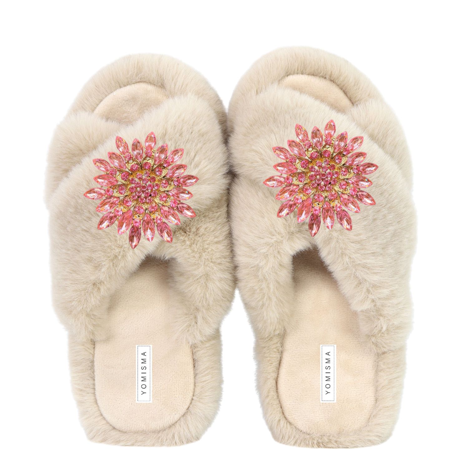 Yomisma Women's Neutrals Faux Fur Slippers - Global Recycled Standard Certified With Pink Jewel Embellishmen In Beige/pink