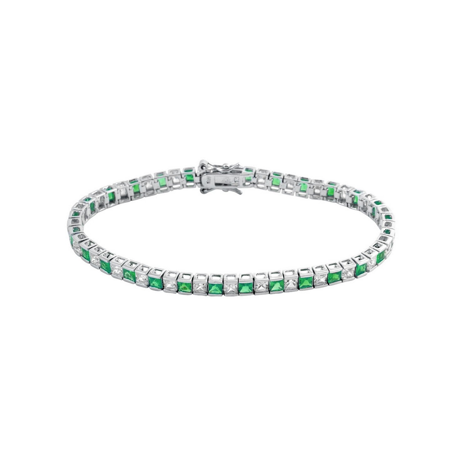 Women’s Green / Silver Sterling Silver Square Cubic Zirconia Stylish Tennis Bracelet Genevive Jewelry