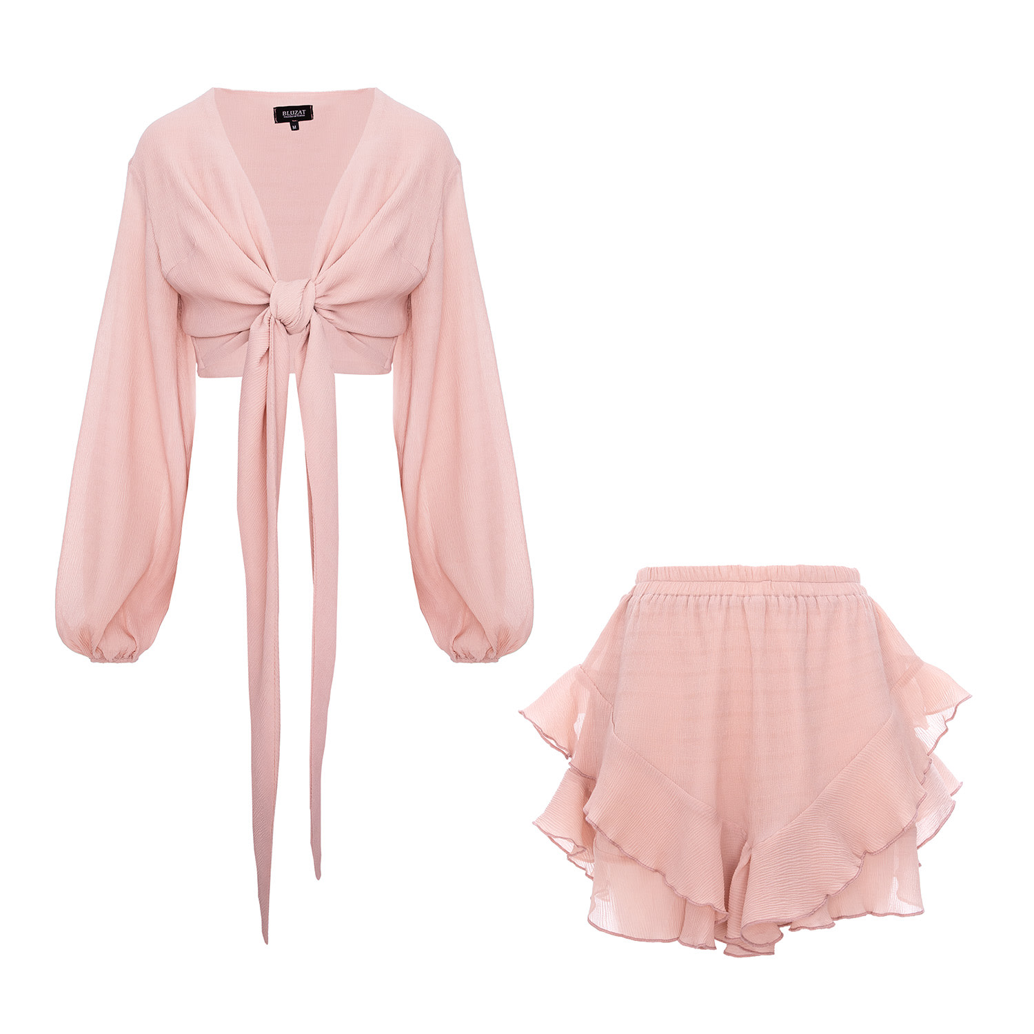 Bluzat Pink Dusty Rose Ruffle Two-piece Set With Balloon Sleeves In Pink