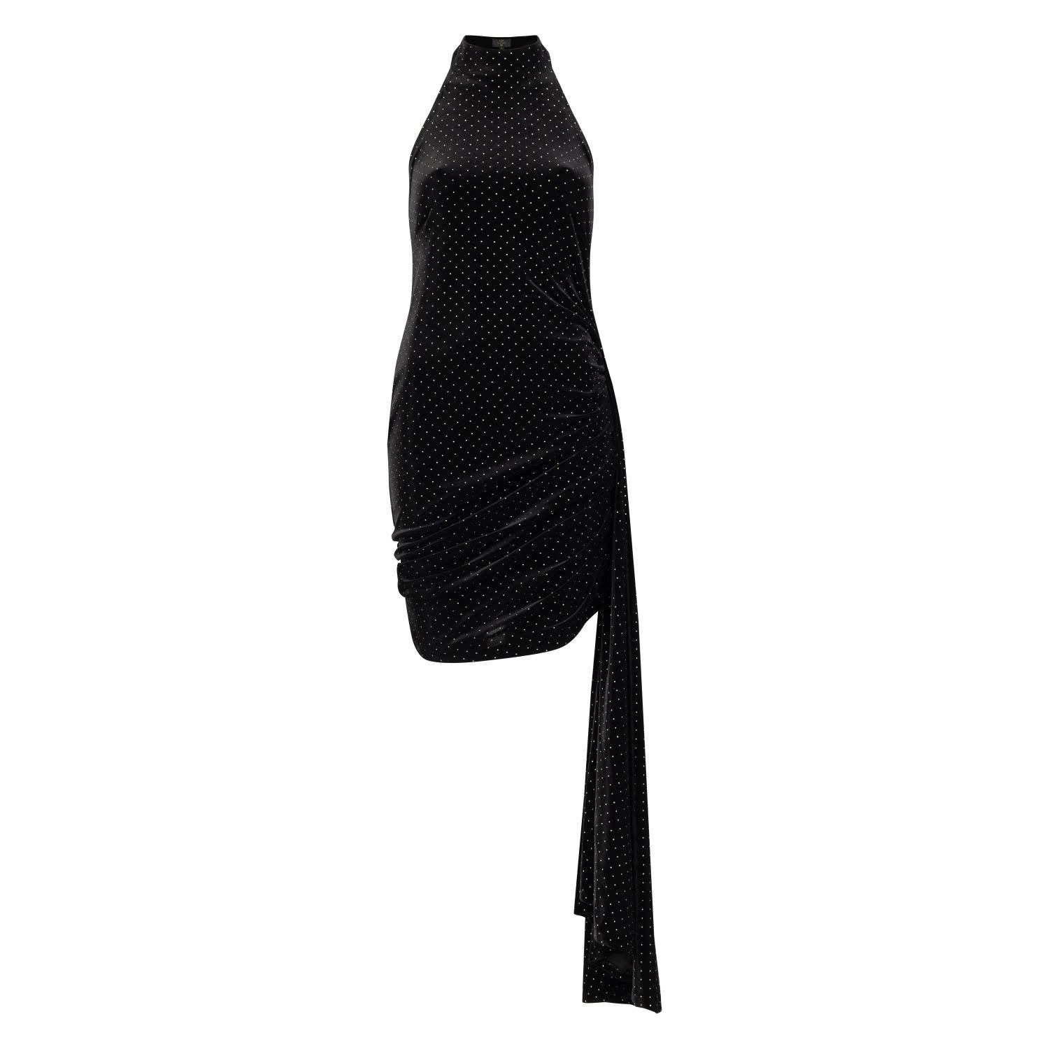 Azzalia Women's High Neck And Low Back Side Draped Velvet Dress In Black With Mini Gold Studs In Black
