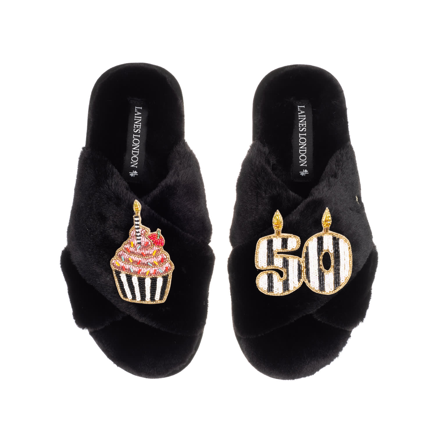 Laines London Women's Classic Laines Slippers With Stripe 50th Birthday & Cake Brooches - Black In Black