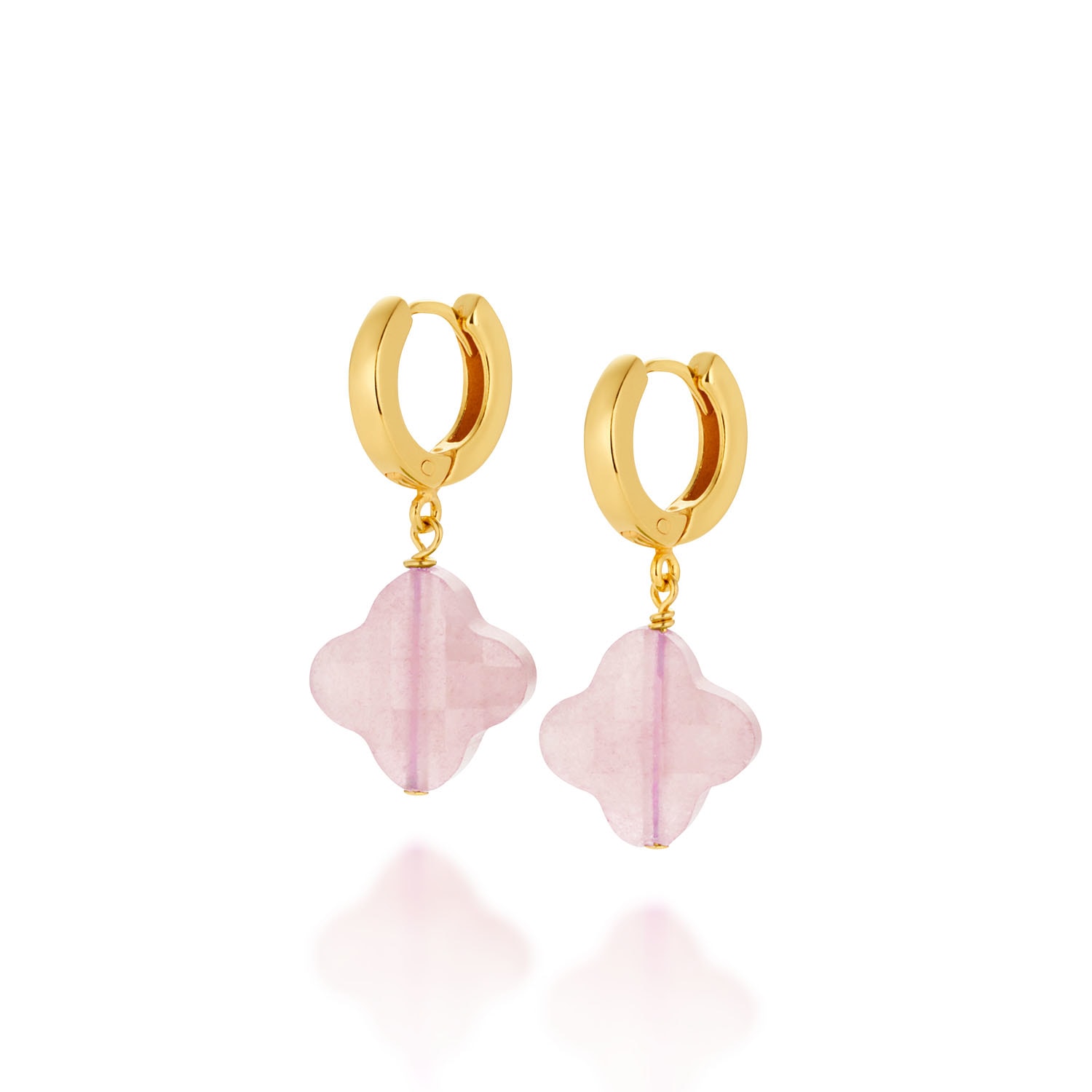 Nellou Jewellery Women's Pink / Purple Clover Gem Hoop Earrings Rose Quartz Gold Plated Sterling Silver