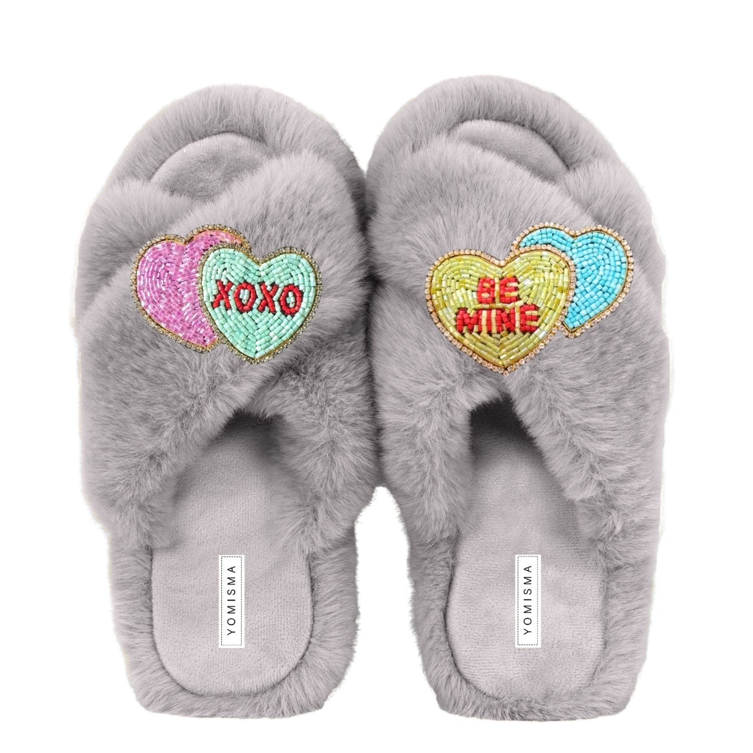 Yomisma Women's Faux Fur Slippers - Global Recycled Standard Certified Valentine's Day - Be Mine + Xo Embell In Grey