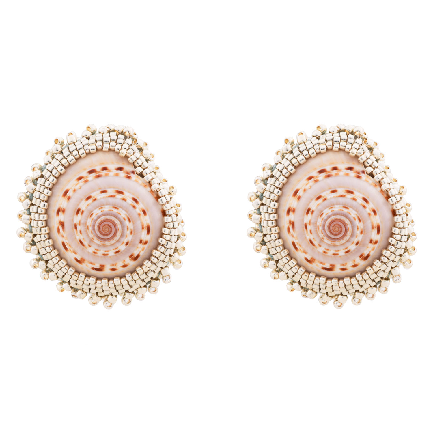 Oanasavu.creations Women's Silver / White / Grey Beaded Sea Shells Earrings Sterling Silver Studs