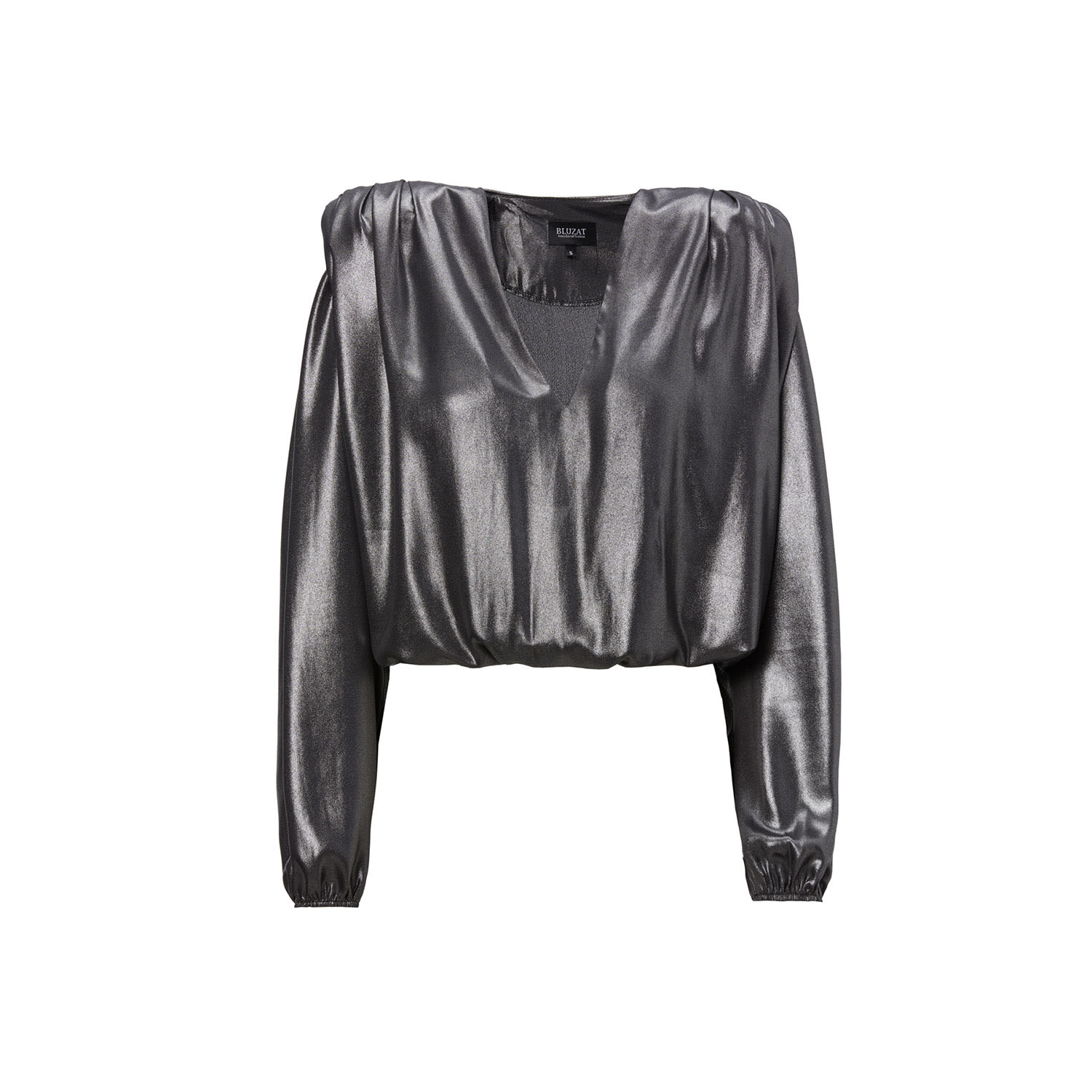 Women’s Black Metallic Veil Blouse With Draping Detailing And Puffy Sleeves Extra Small Bluzat