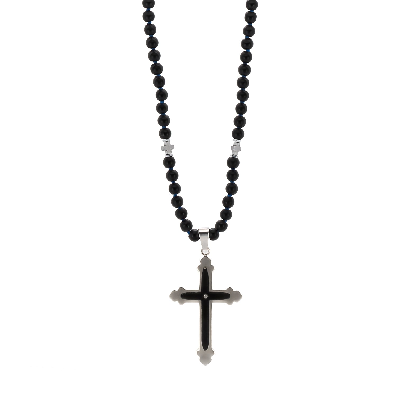 Men’s Black / Silver Black Onyx Cross Beaded Necklace - Black Ebru Jewelry