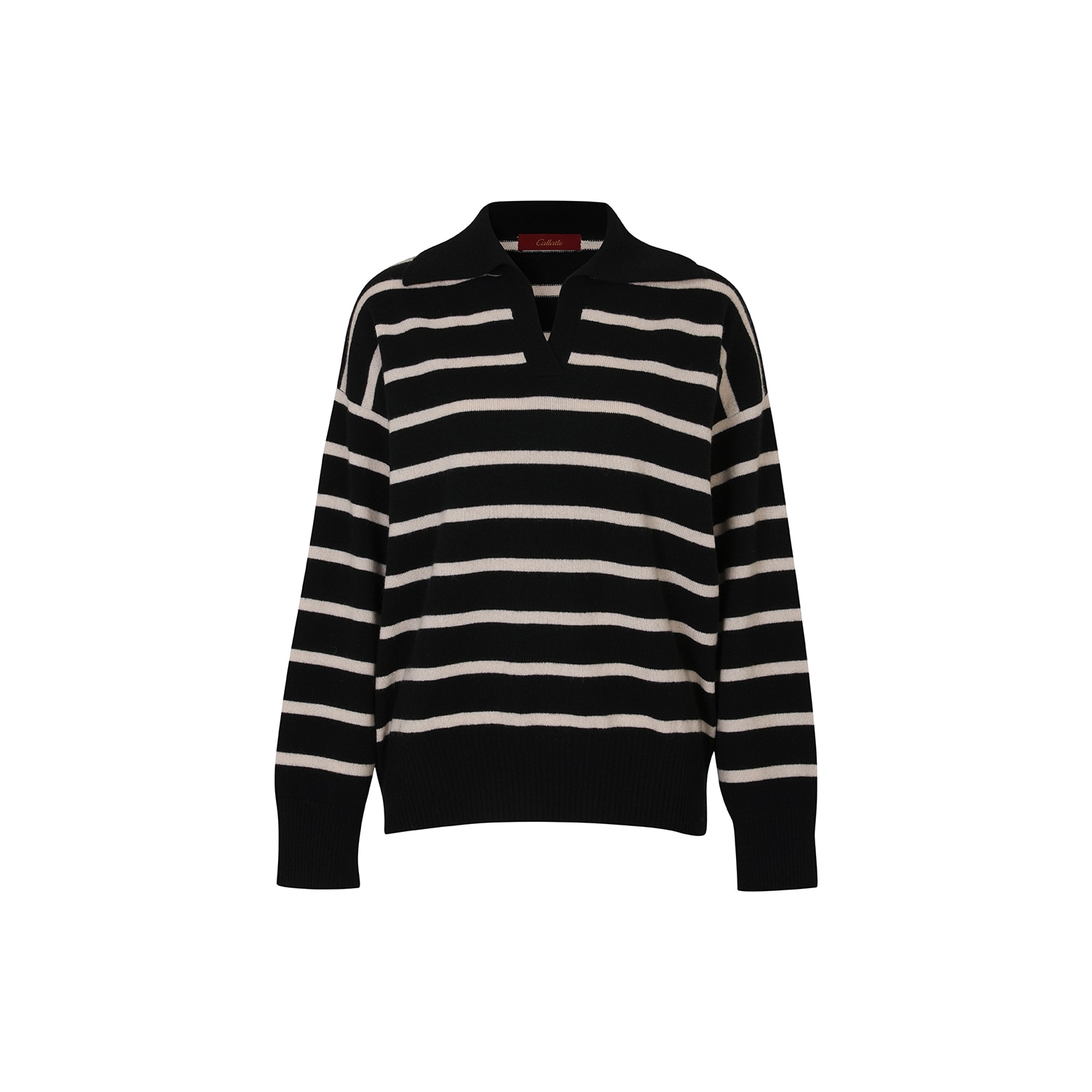 Callaite Women's Stripe Open Collar Cashmere Sweater-black In Black